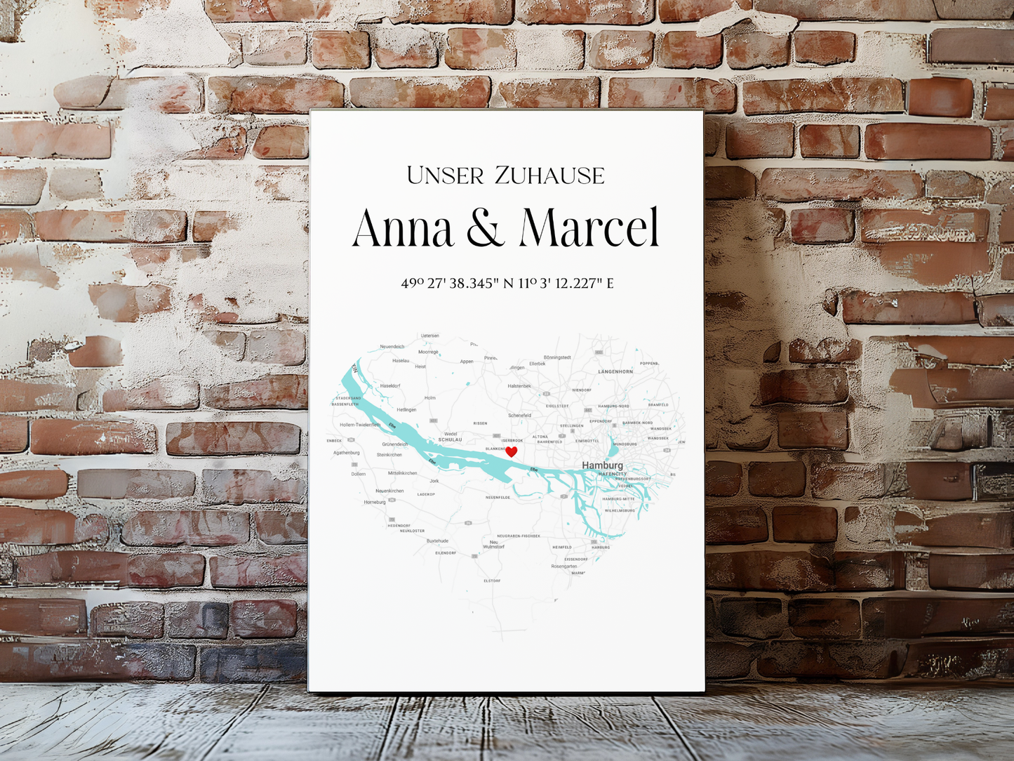 Personalisierte Herz Stadtkarte als Leinwand oder Poster