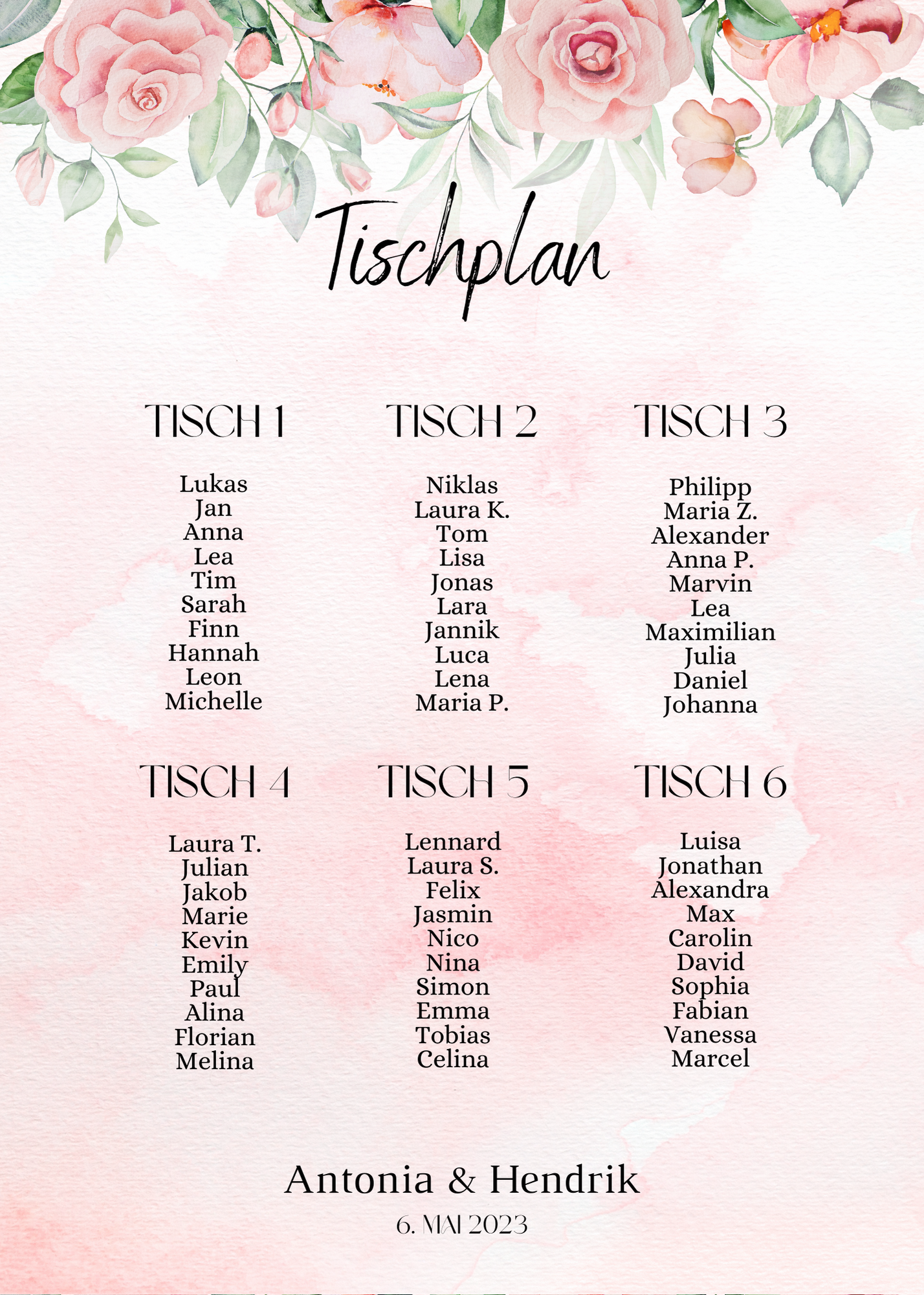 Personalisierter Hochzeits Sitzplan - Leinwand , Poster - Boho , Rosa Blumen LAURA