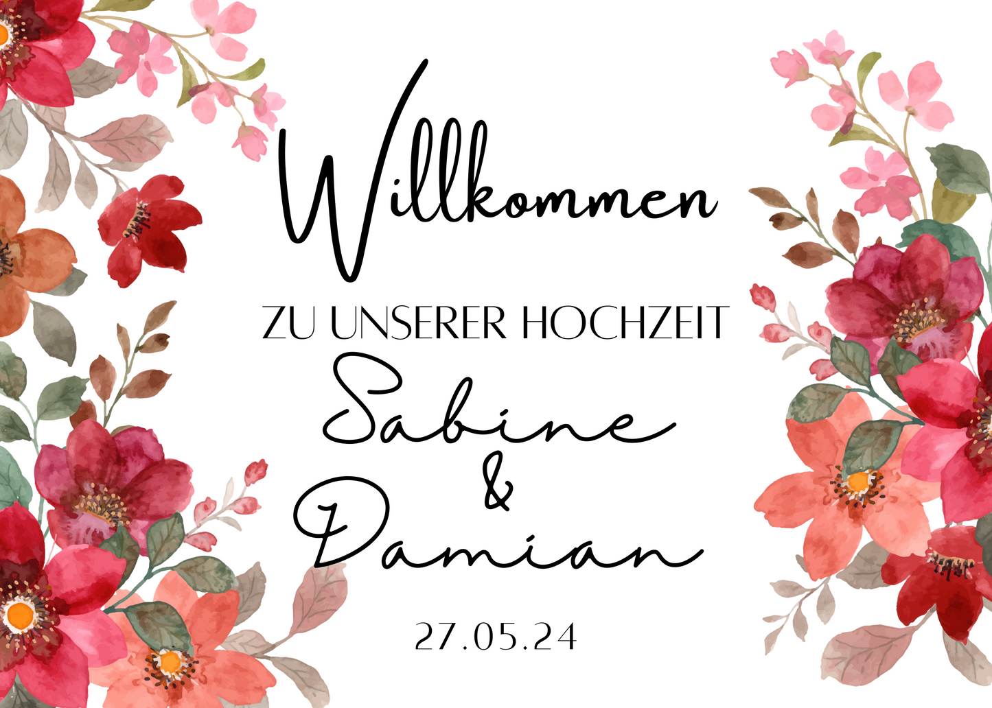 Willkommensschild Hochzeit - Leinwand , Poster - Bunte Blumen , Rot , Vintage NATALIE