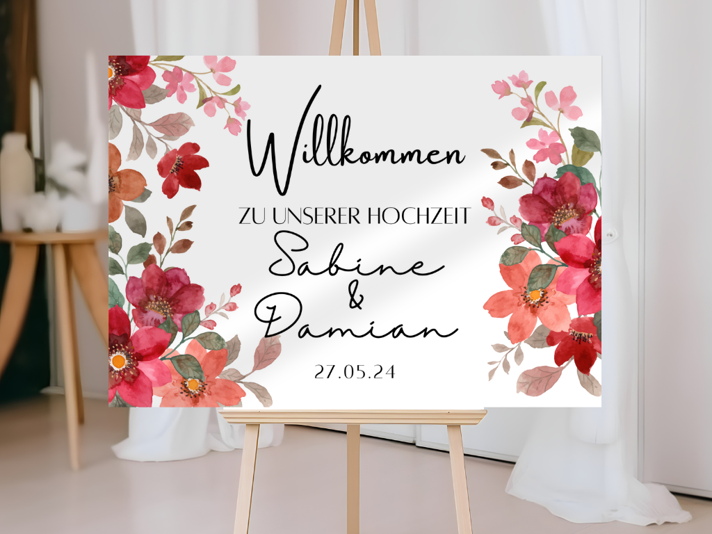 Willkommensschild Hochzeit - Leinwand , Poster - Bunte Blumen , Rot , Vintage NATALIE
