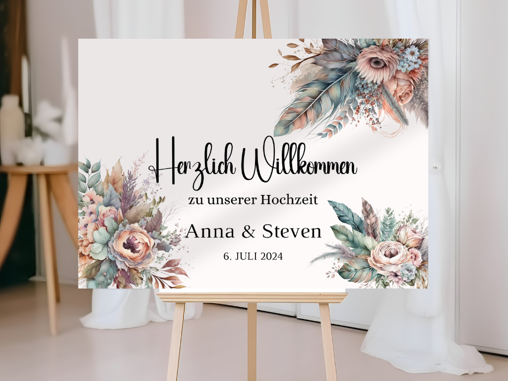 Willkommensschild Hochzeit - Leinwand , Poster - Trockenblumen , Boho Strand Hochzeit DIANA