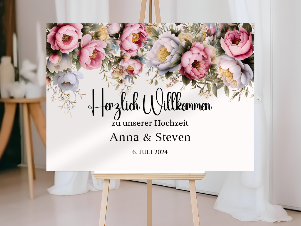 Willkommensschild Hochzeit - Leinwand , Poster - Rote Blumen Boho KATRIN