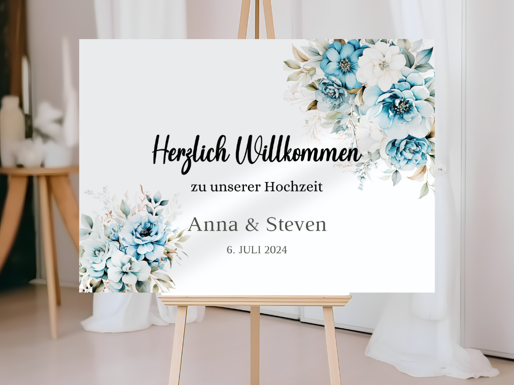 Willkommensschild Hochzeit - Leinwand , Poster - Strand Hochzeit , Marine , Blaue Blumen ALICE
