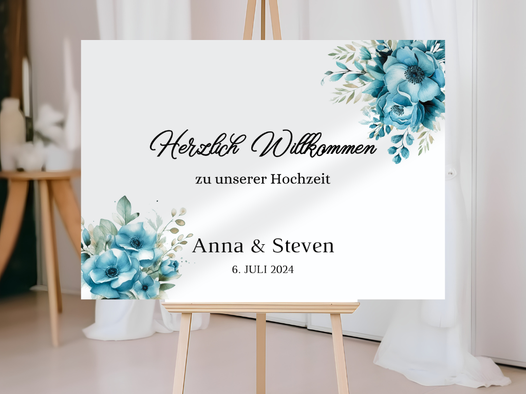 Willkommensschild Hochzeit - Leinwand , Poster - Strand Hochzeit , Marine , Blaue Blumen LINDA