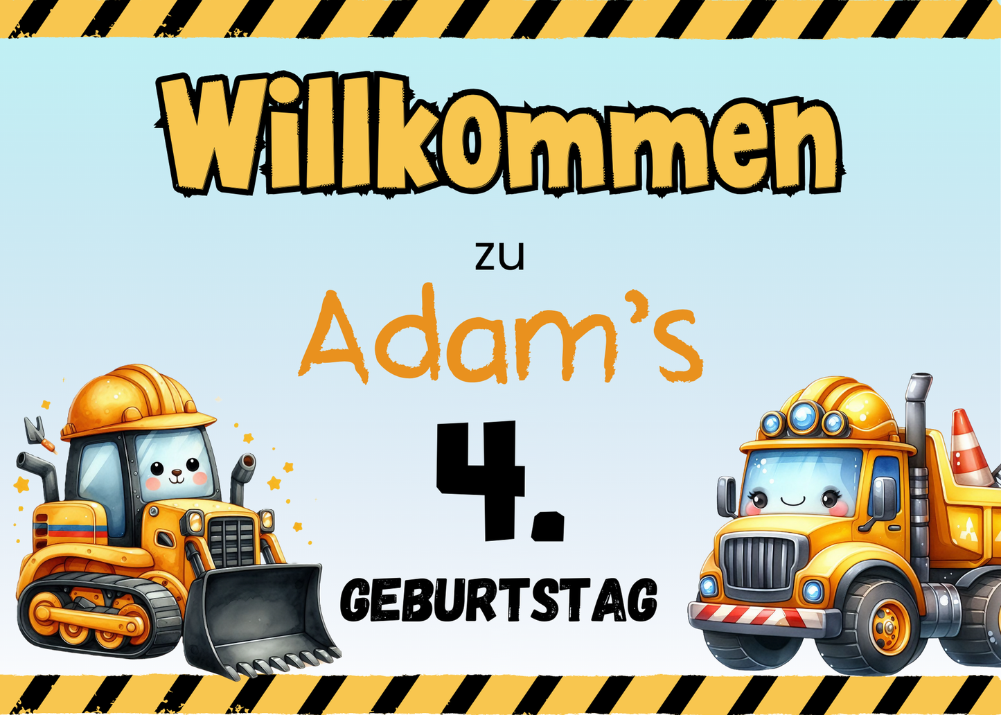 Willkommensschild zum 1. Geburtstag Kindergeburtstag Personalisiertes Bagger Baustelle Deutsch
