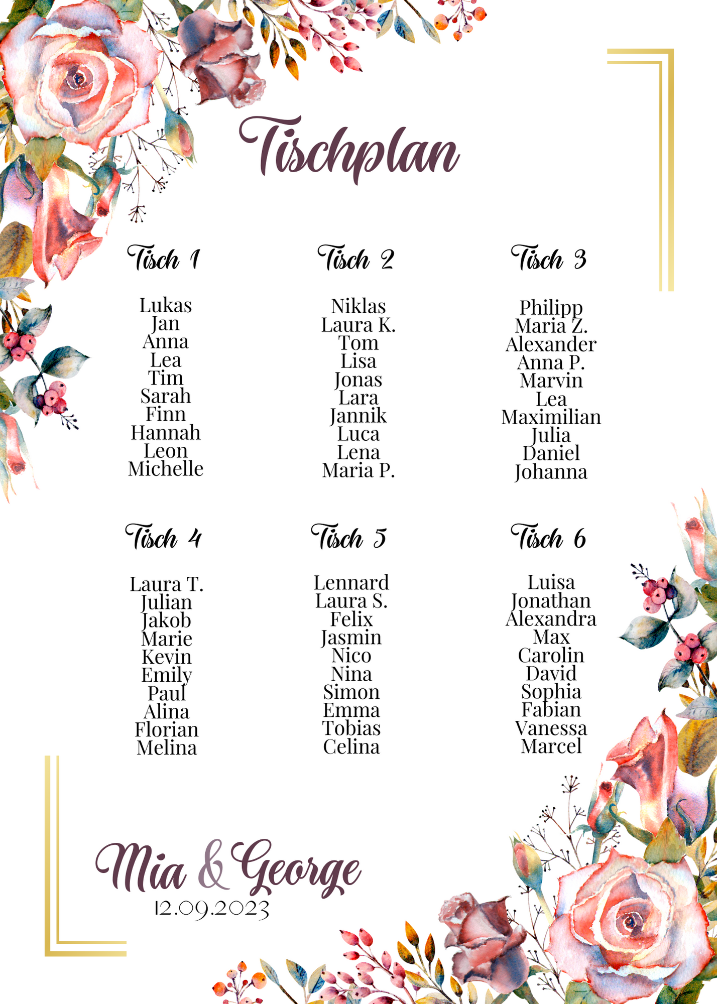Personalisierter Hochzeits Sitzplan - Leinwand , Poster - Boho , Rosa Blumen SOPHIE