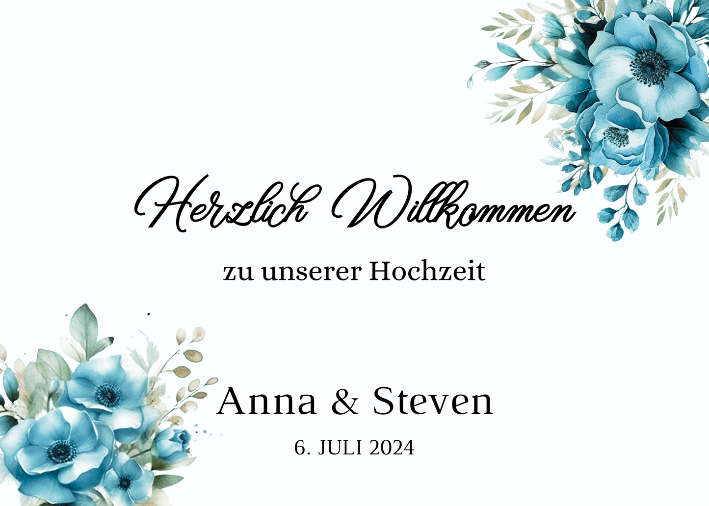 Willkommensschild Hochzeit - Leinwand , Poster - Strand Hochzeit , Marine , Blaue Blumen LINDA