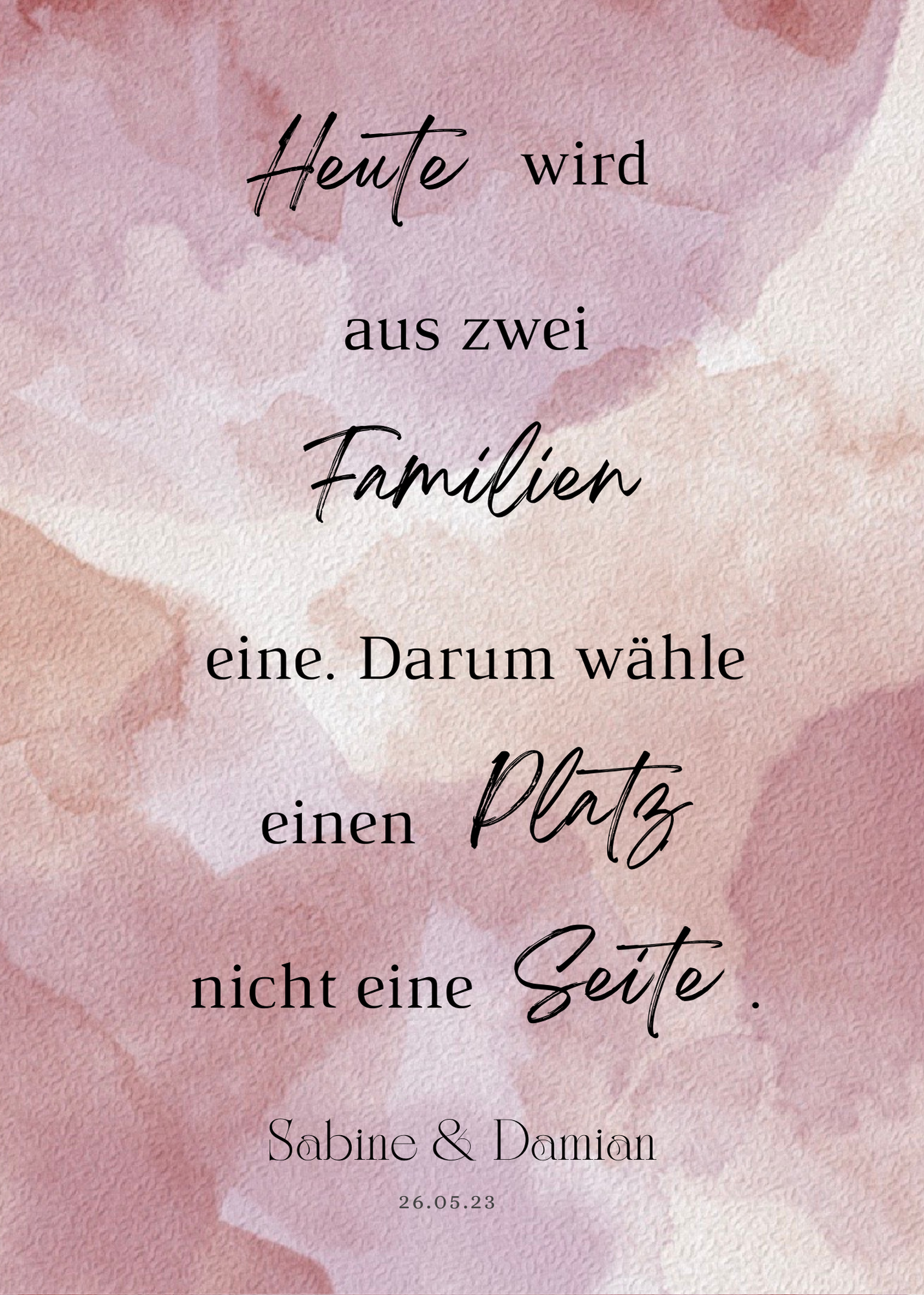 Heute wird aus zwei Familien eine Schild für Hochzeit Leinwand, Poster. Glamour , rosa EMILY