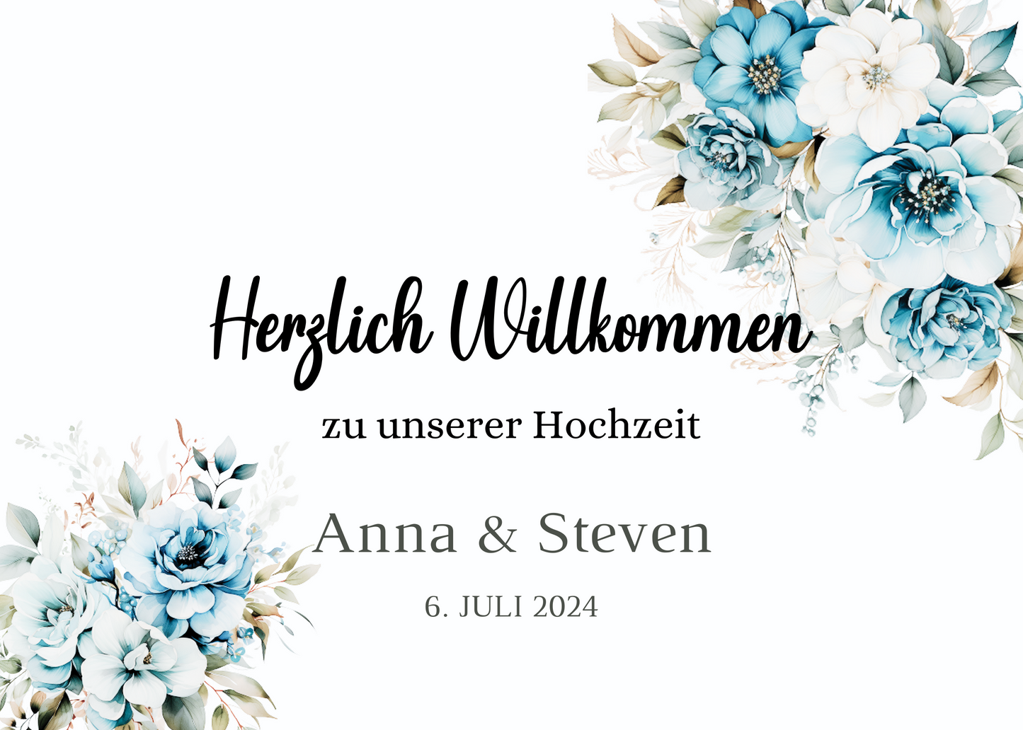 Willkommensschild Hochzeit - Leinwand , Poster - Strand Hochzeit , Marine , Blaue Blumen ALICE