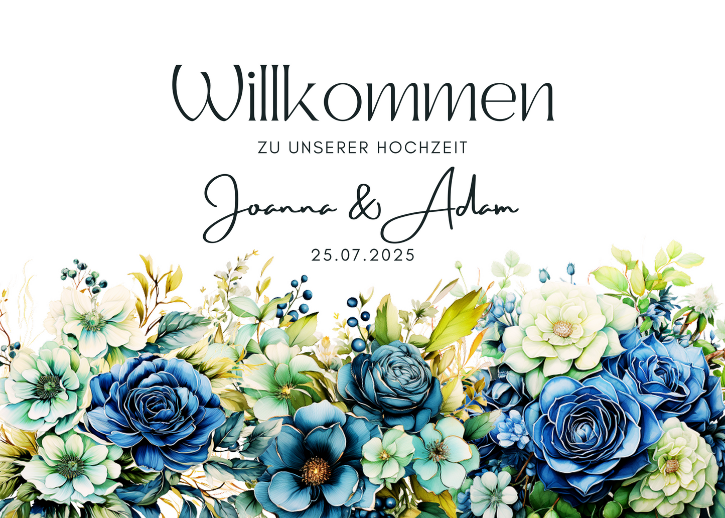 Willkommensschild Hochzeit - Leinwand , Poster - Marine , Blaue Blumen JASMIN