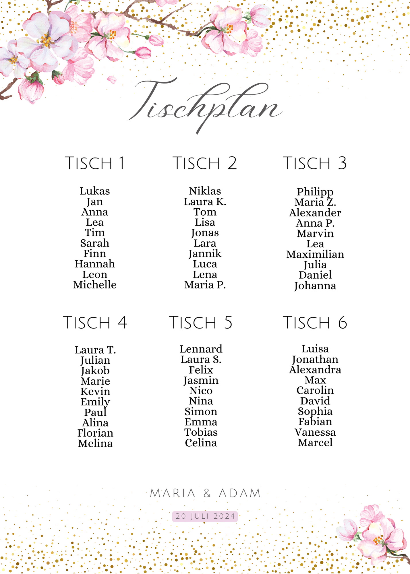 Personalisierter Hochzeits Sitzplan - Leinwand , Poster - Kirschblüten , Rosa , Vintage LEA