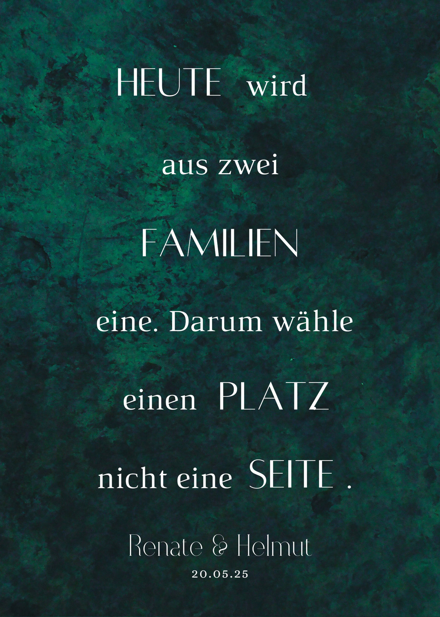 Heute wird aus zwei Familien eine Schild für Hochzeit Leinwand, Poster. Glamour , grün MELISSA