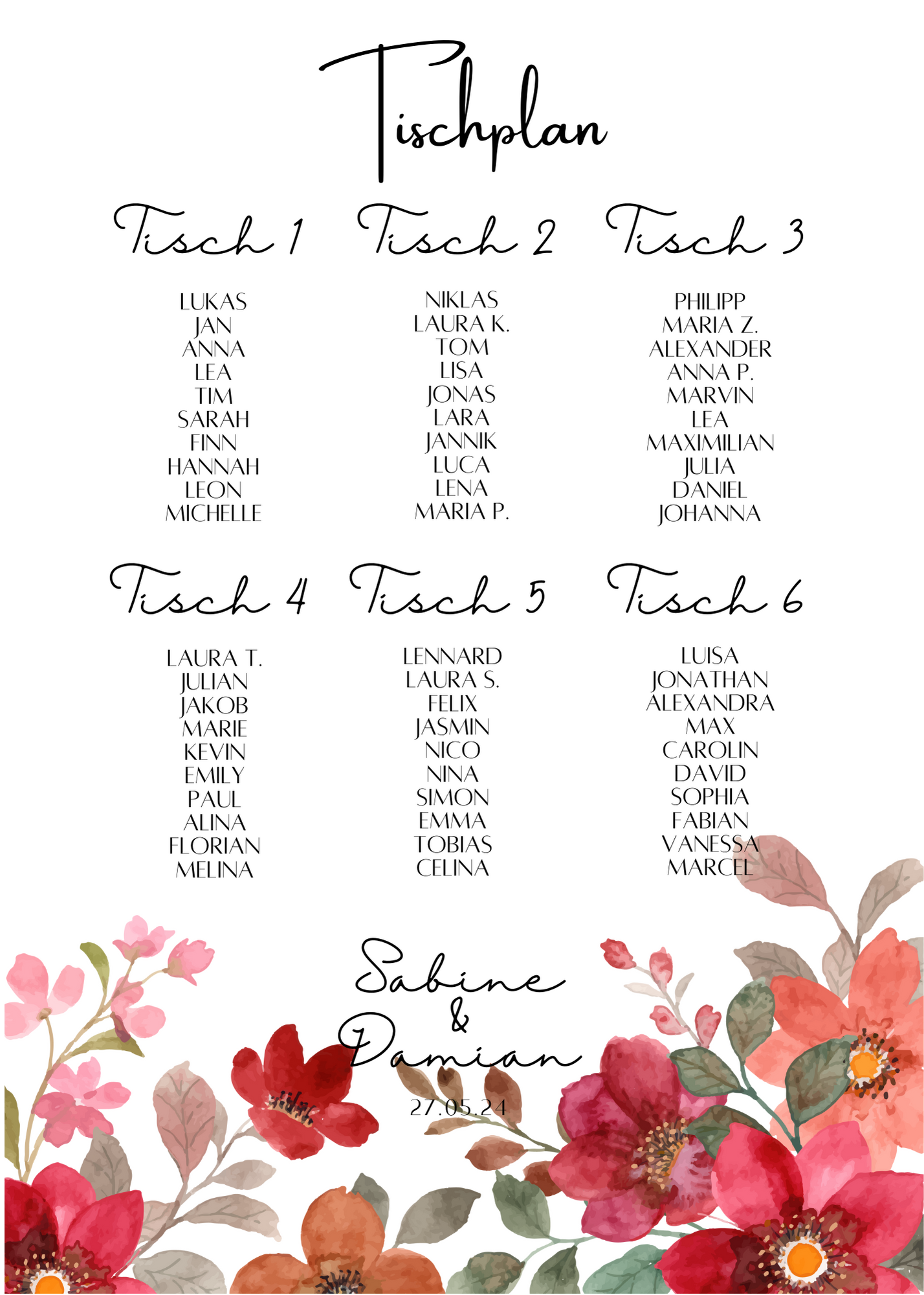 Personalisierter Hochzeits Sitzplan - Leinwand , Poster - Bunte Blumen , Rot , Vintage NATALIE