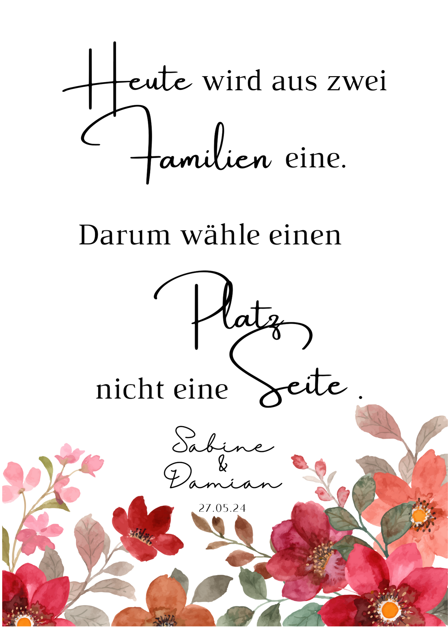Heute wird aus zwei Familien eine Schild für Hochzeit Leinwand, Poster. Bunte Blumen , Rot , Vintage NATALIE