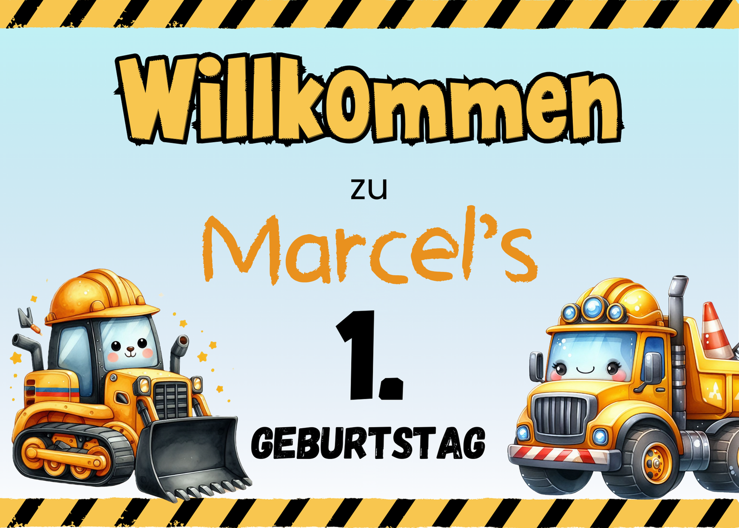 Willkommensschild zum 1. Geburtstag Kindergeburtstag Personalisiertes Bagger Baustelle Deutsch