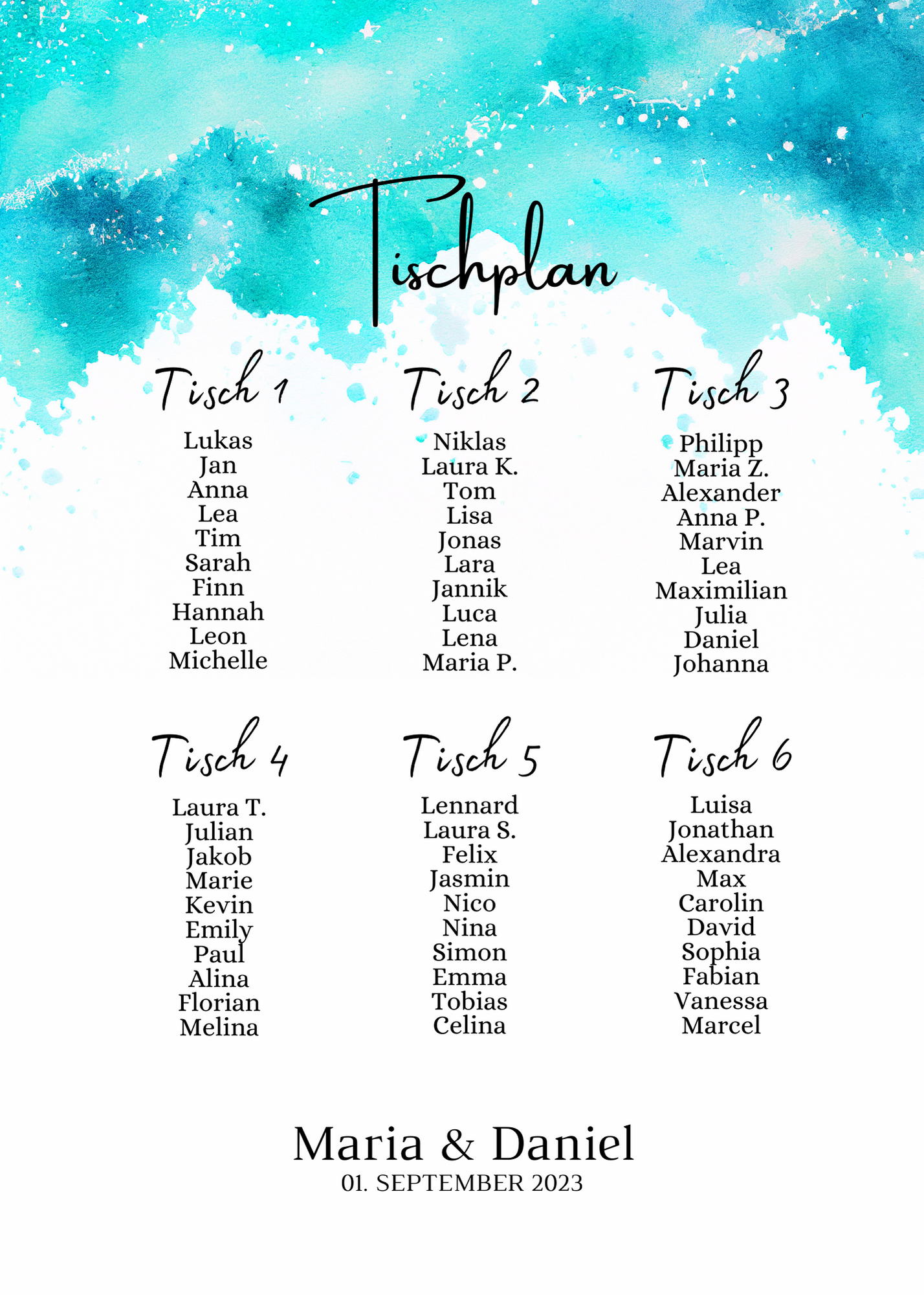 Personalisierter Hochzeits Sitzplan - Leinwand , Poster - Strand Hochzeit , Meer Motiv ARIA