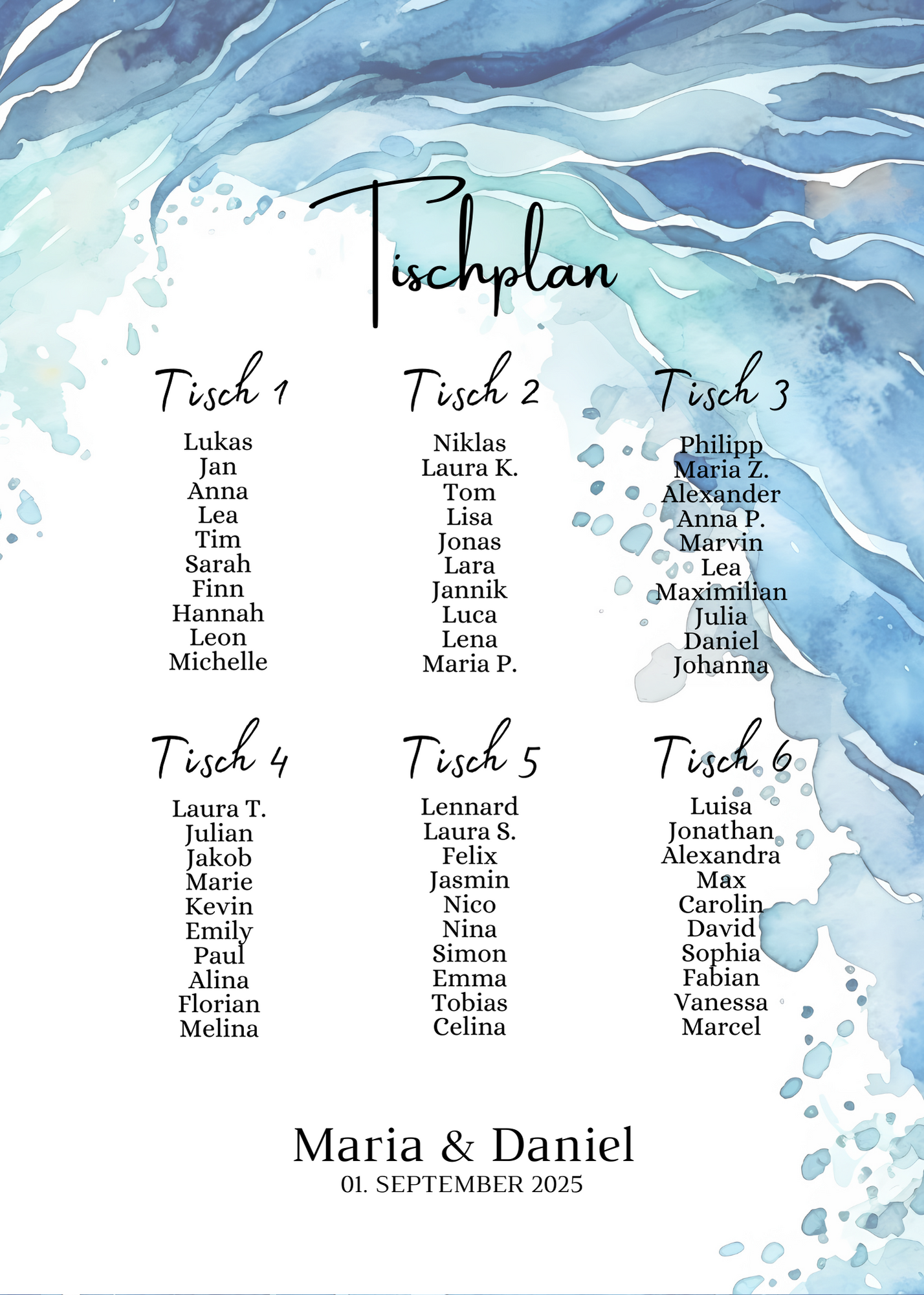 Personalisierter Hochzeits Sitzplan - Leinwand , Poster - Strand Hochzeit , Meer Motiv , Vintage EMMA