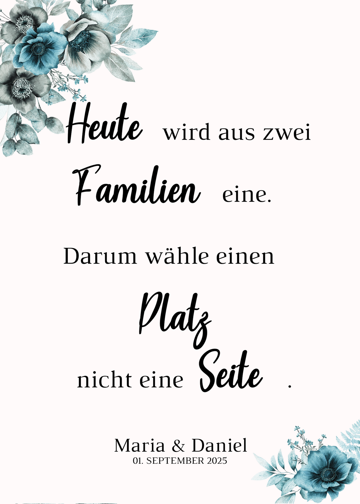 Heute wird aus zwei Familien eine Schild für Hochzeit Leinwand, Poster. Strand Hochzeit , Marine , Blaue Blumen MILA