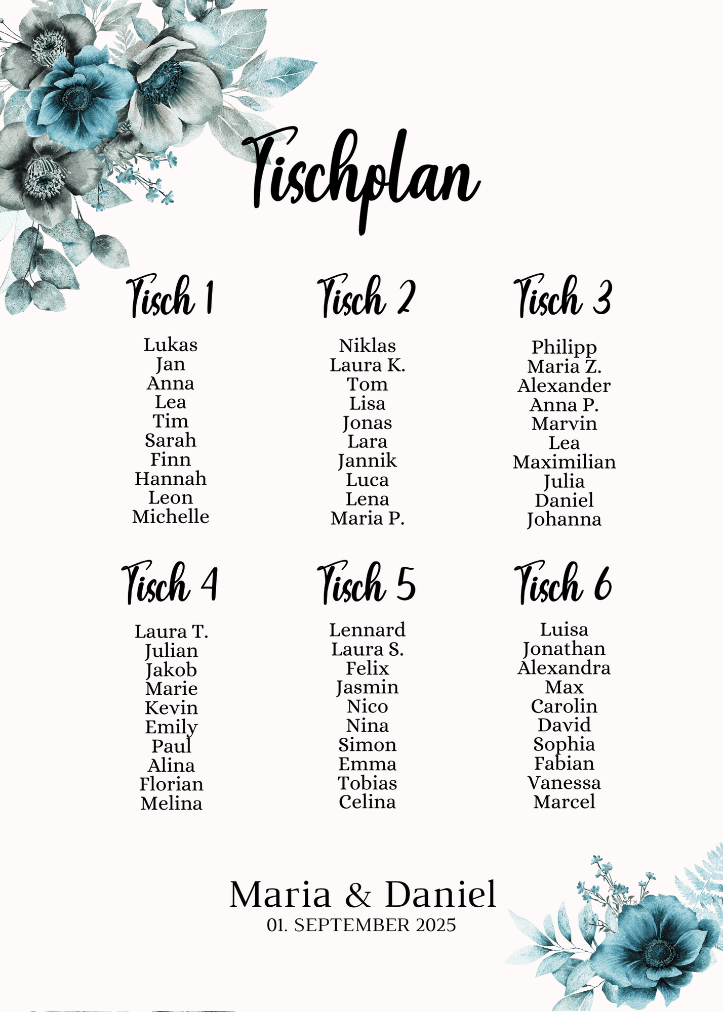 Personalisierter Hochzeits Sitzplan - Leinwand , Poster - Strand Hochzeit , Marine , Blaue Blumen MILA