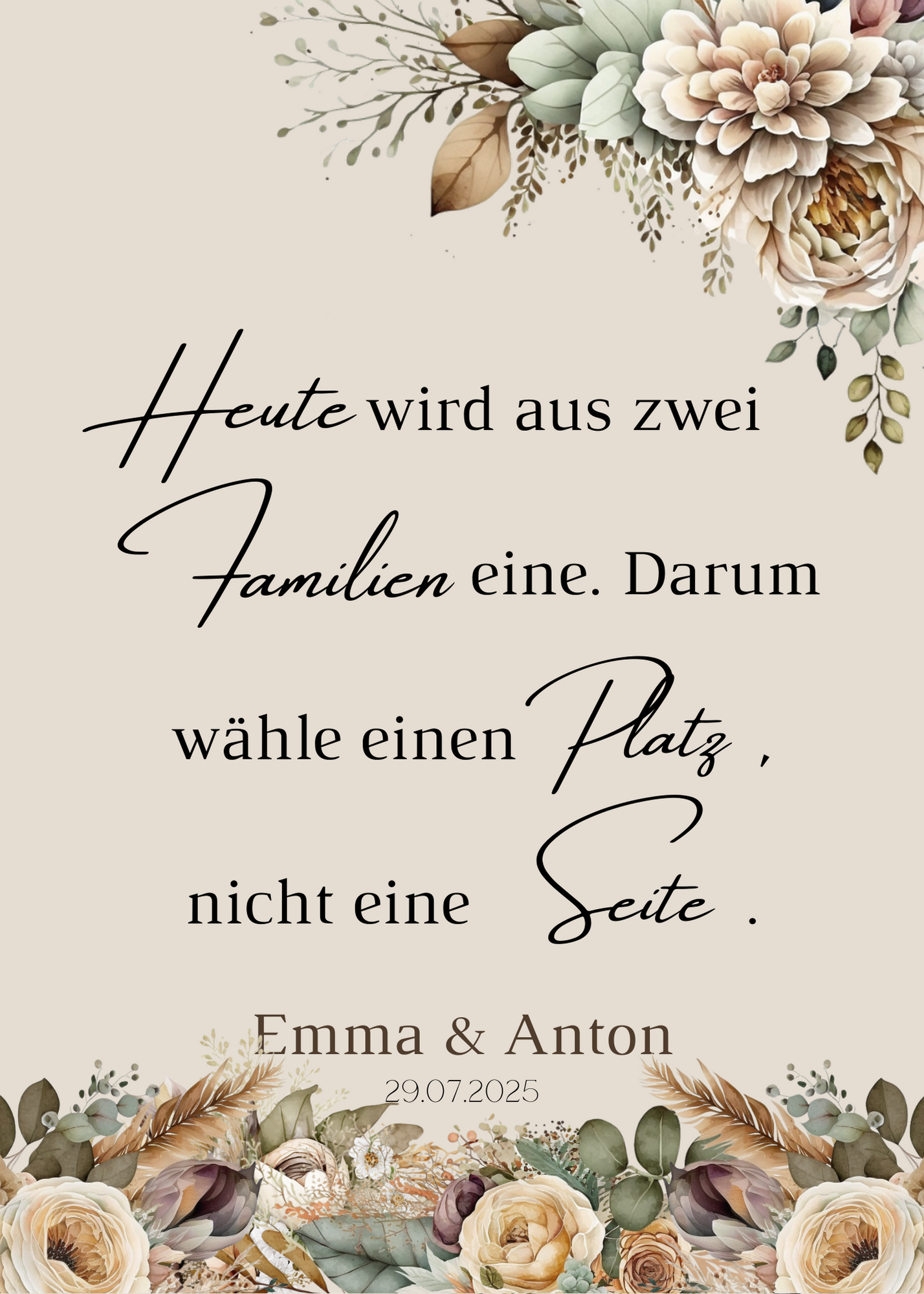 Heute wird aus zwei Familien eine Schild für Hochzeit Leinwand, Poster. Boho , Beige , Blumen JULIA