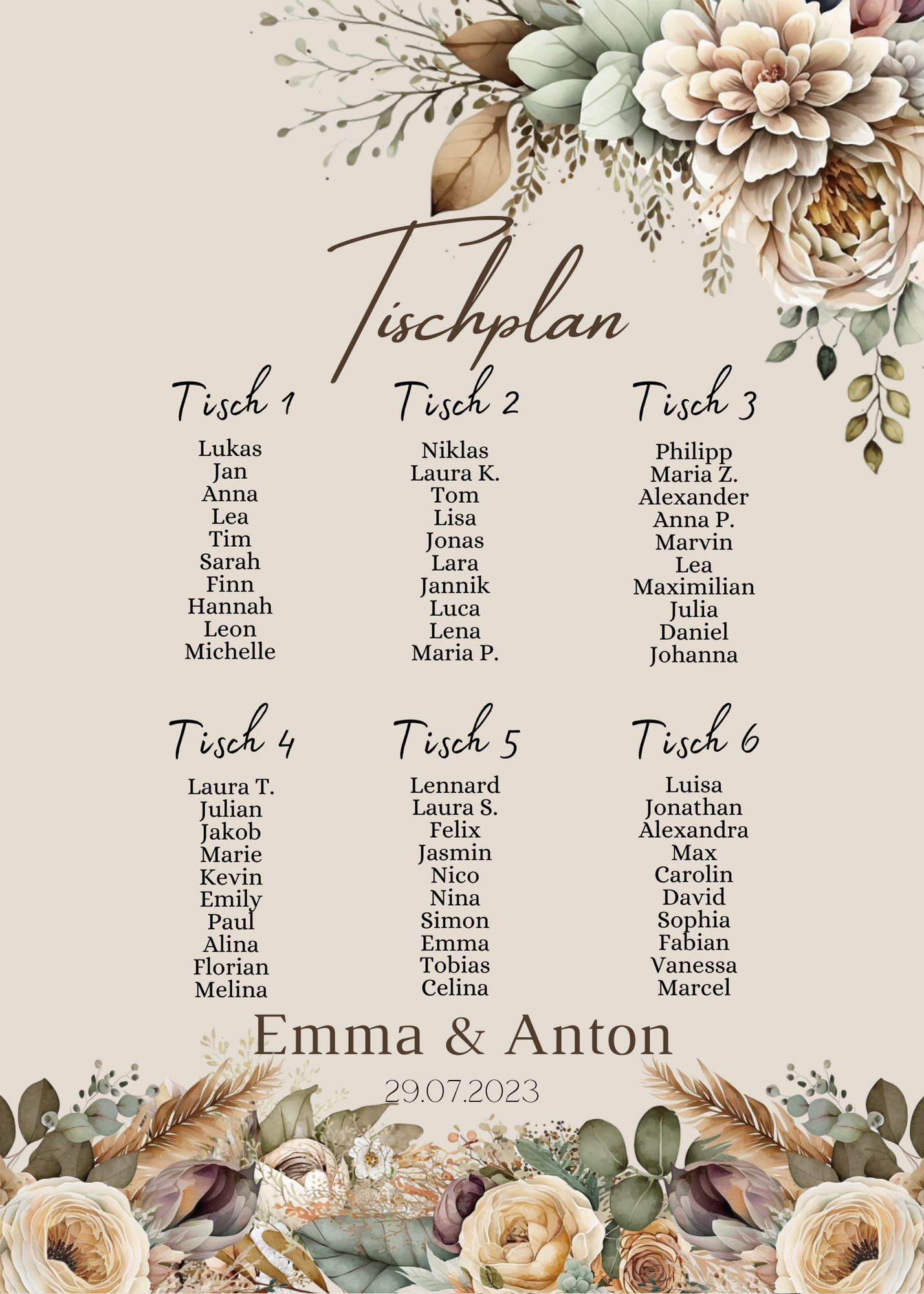 Personalisierter Hochzeits Sitzplan - Leinwand , Poster - Boho , Beige , Blumen JULIA