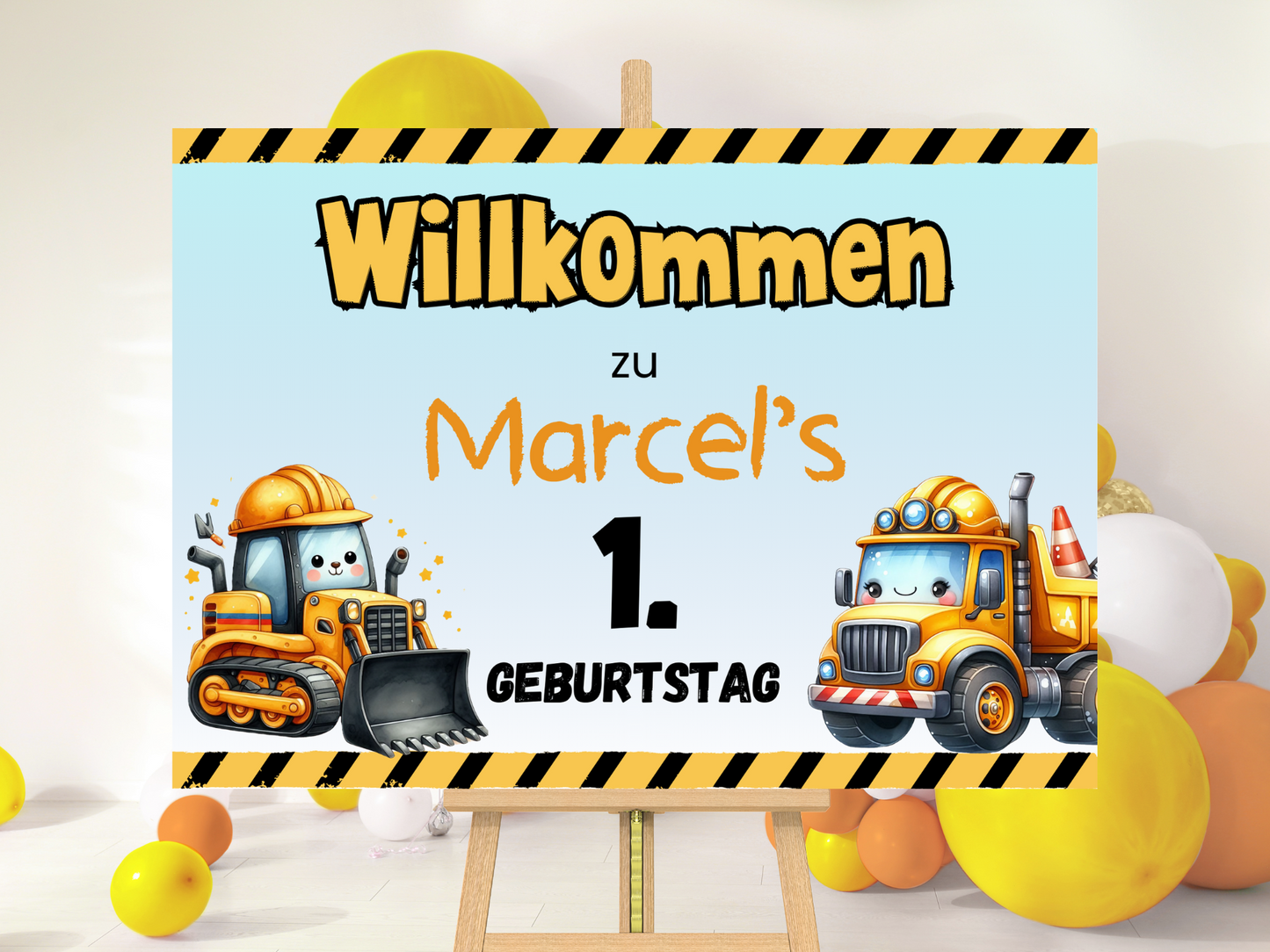 Willkommensschild zum 1. Geburtstag Kindergeburtstag Personalisiertes Bagger Baustelle Deutsch