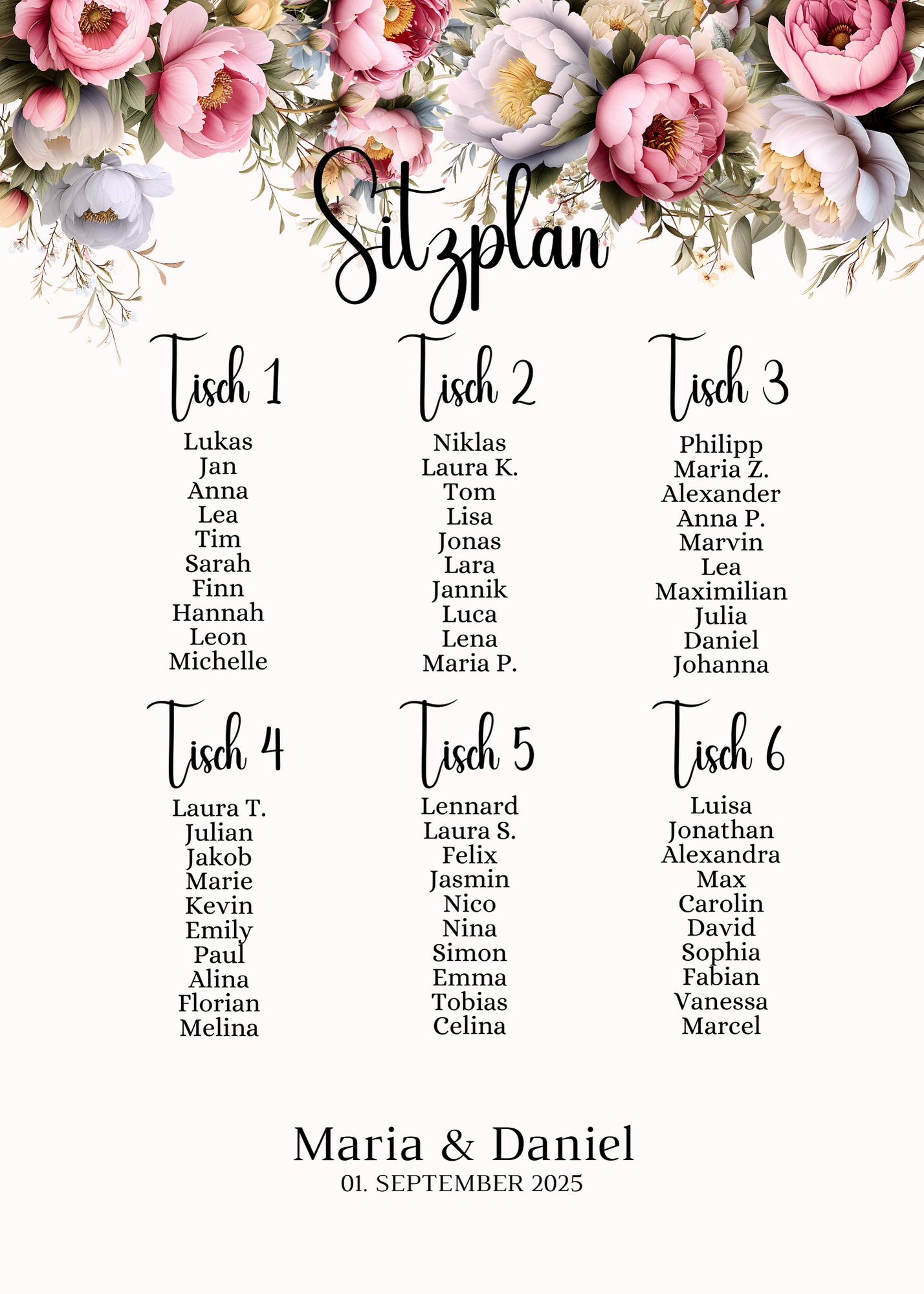 Personalisierter Hochzeits Sitzplan - Leinwand , Poster - Rote Blumen Boho KATRIN