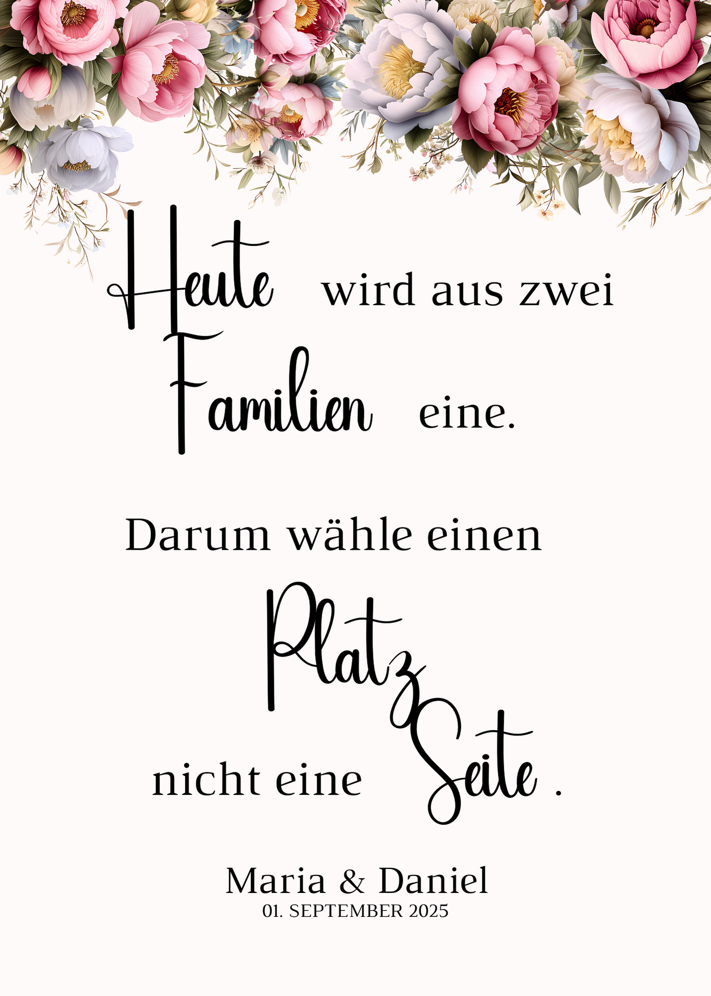 Heute wird aus zwei Familien eine Schild für Hochzeit Leinwand, Poster. Rote Blumen Boho KATRIN