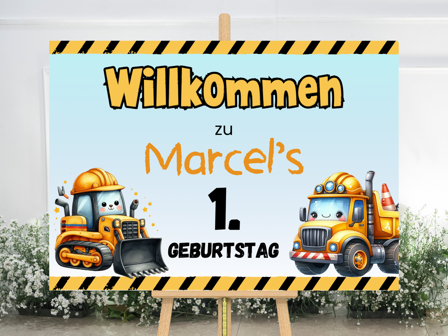 Willkommensschild zum 1. Geburtstag Kindergeburtstag Personalisiertes Bagger Baustelle Deutsch