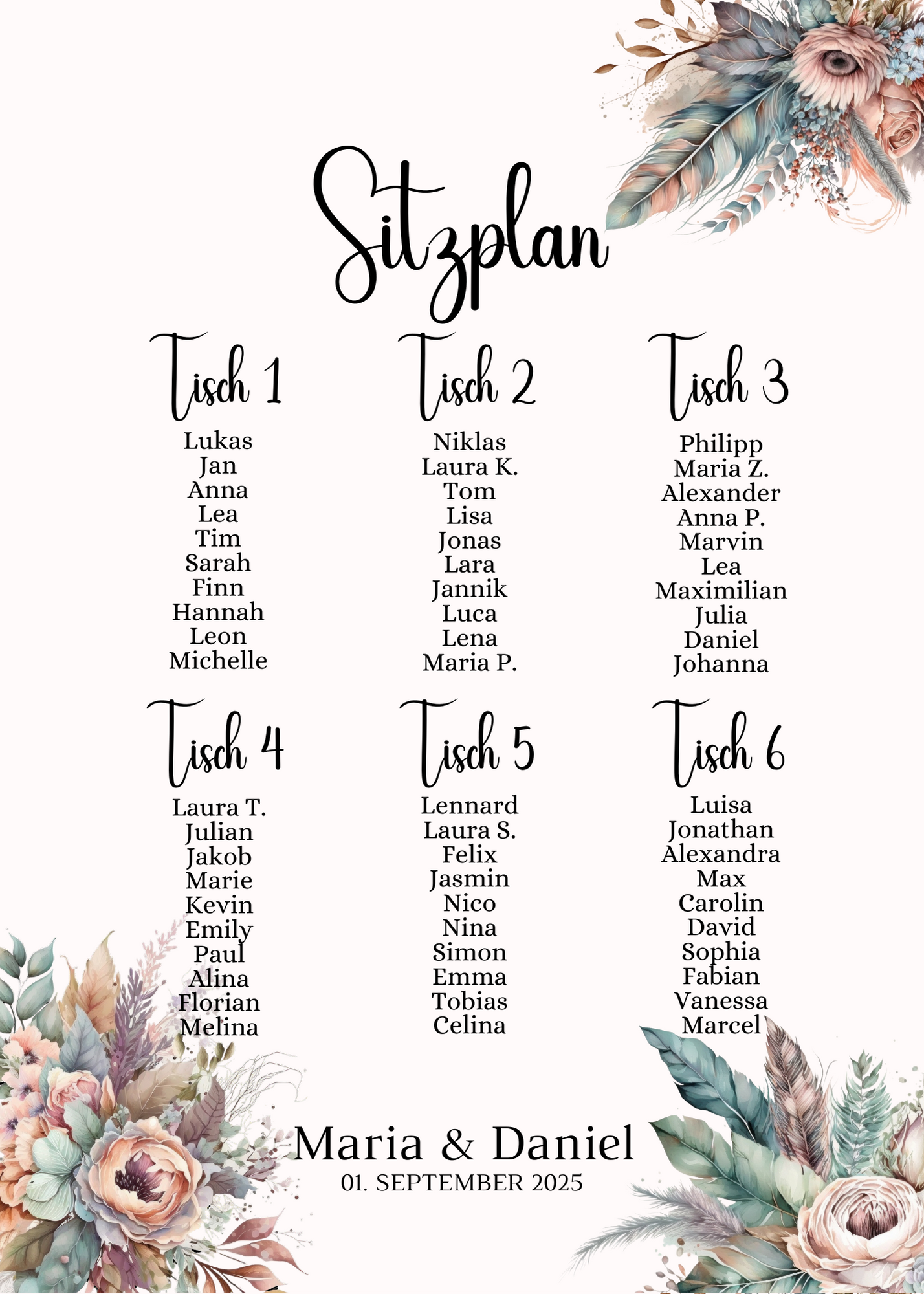 Personalisierter Hochzeits Sitzplan - Leinwand , Poster - Boho , Beige , Blumen DIANA