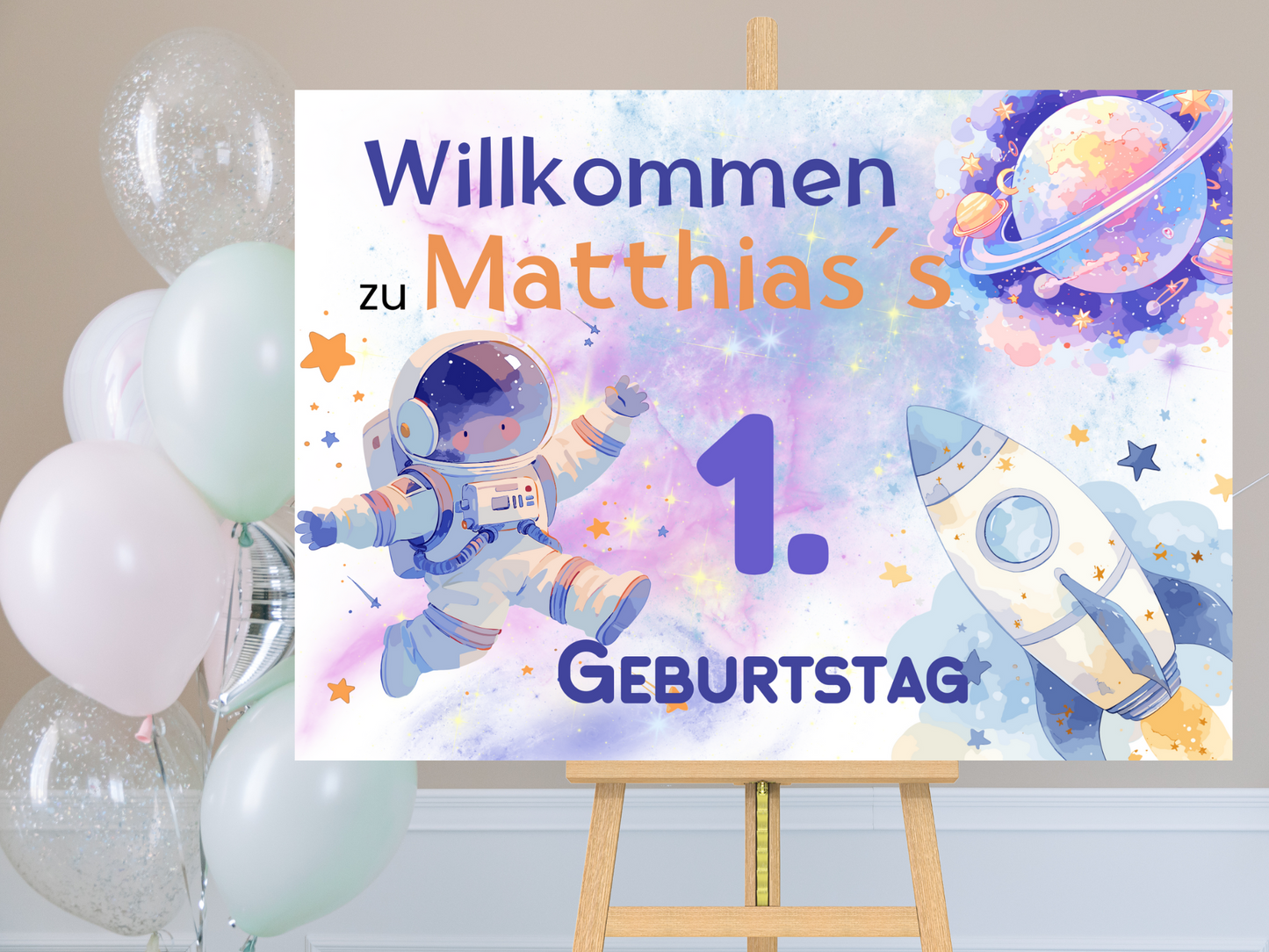 Willkommensschild zum 1. Geburtstag Kindergeburtstag Personalisiertes Kosmos Deutsch