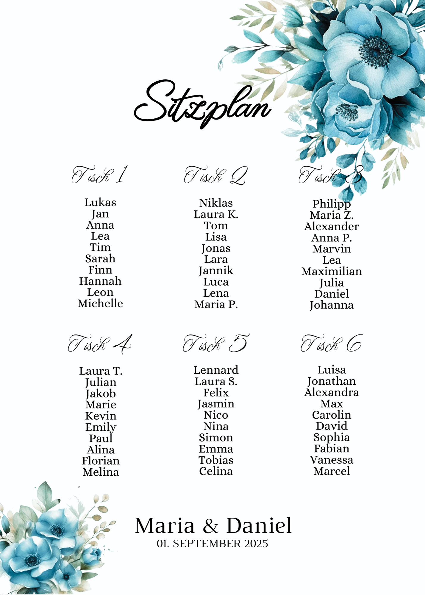Personalisierter Hochzeits Sitzplan - Leinwand , Poster - Strand Hochzeit , Marine , Blaue Blumen LINDA