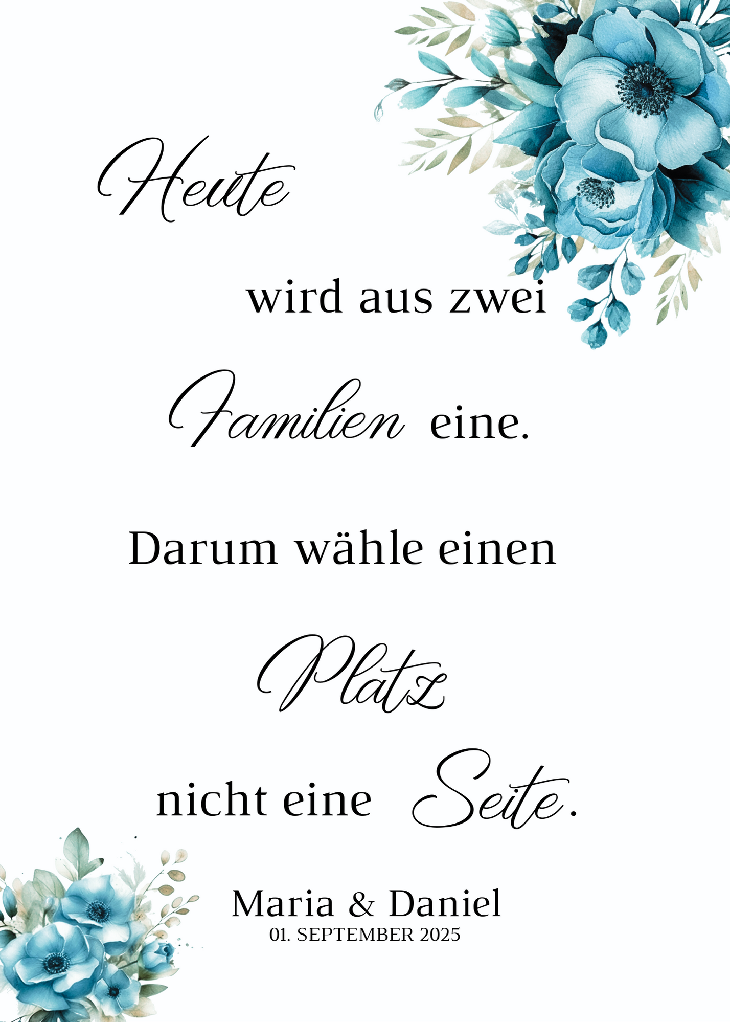Heute wird aus zwei Familien eine Schild für Hochzeit Leinwand, Poster. Strand Hochzeit , Marine , Blaue Blumen LINDA