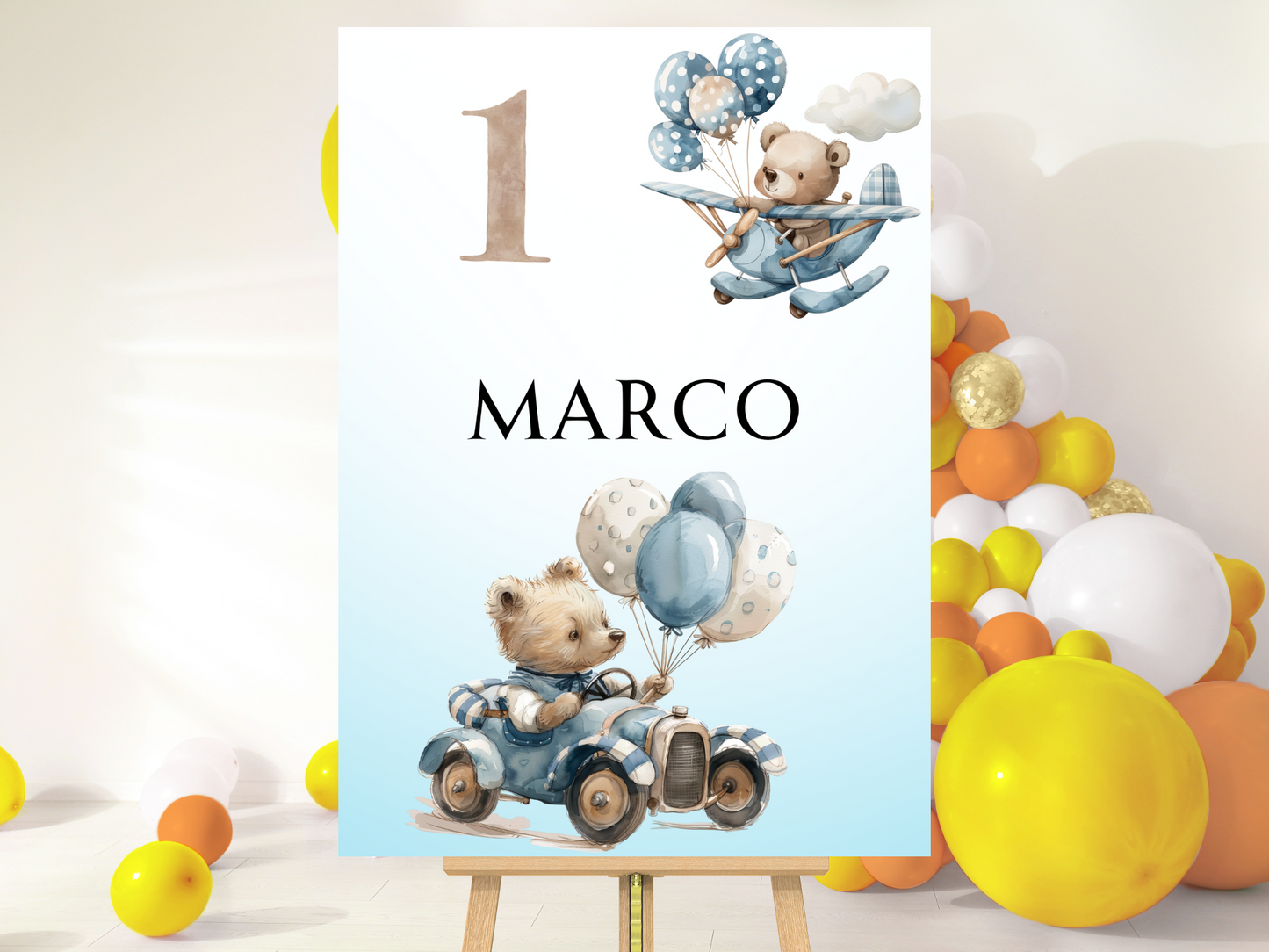 Willkommensschild zum 1. Geburtstag Kindergeburtstag Personalisiertes Teddybär Auto
