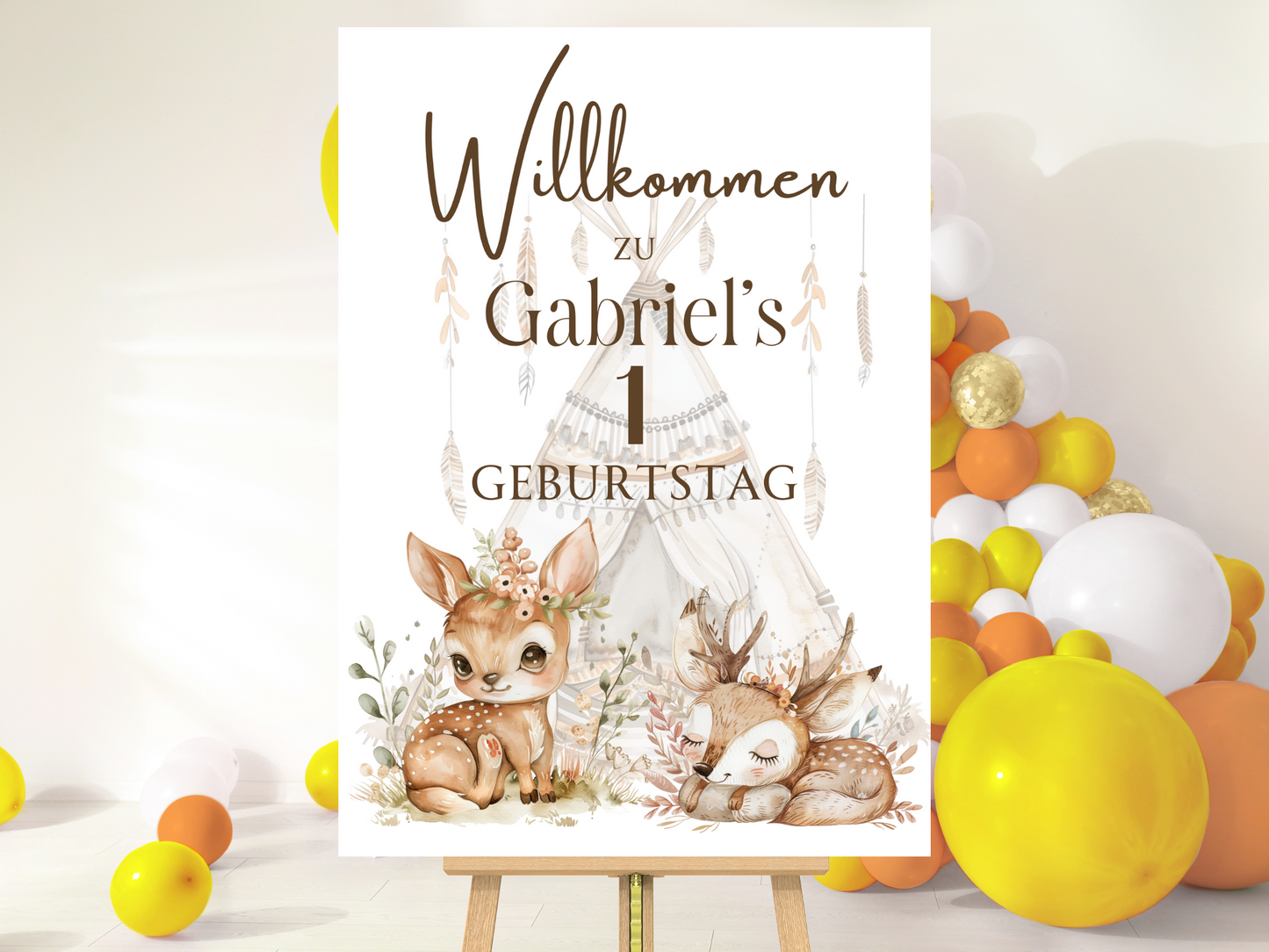 Willkommensschild zum 1. Geburtstag Kindergeburtstag Personalisiertes Boho Waldtiere