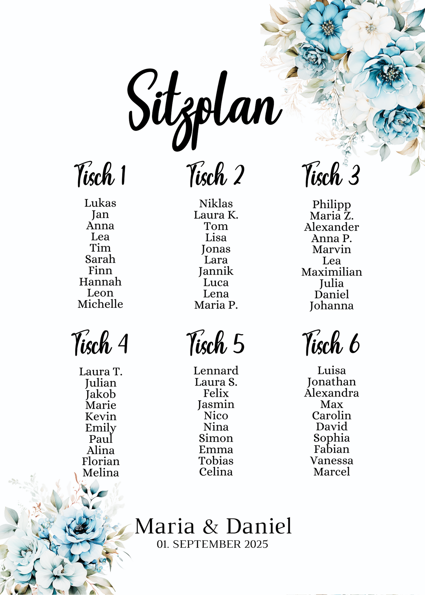 Personalisierter Hochzeits Sitzplan - Leinwand , Poster - Strand Hochzeit , Marine , Blaue Blumen ALICE
