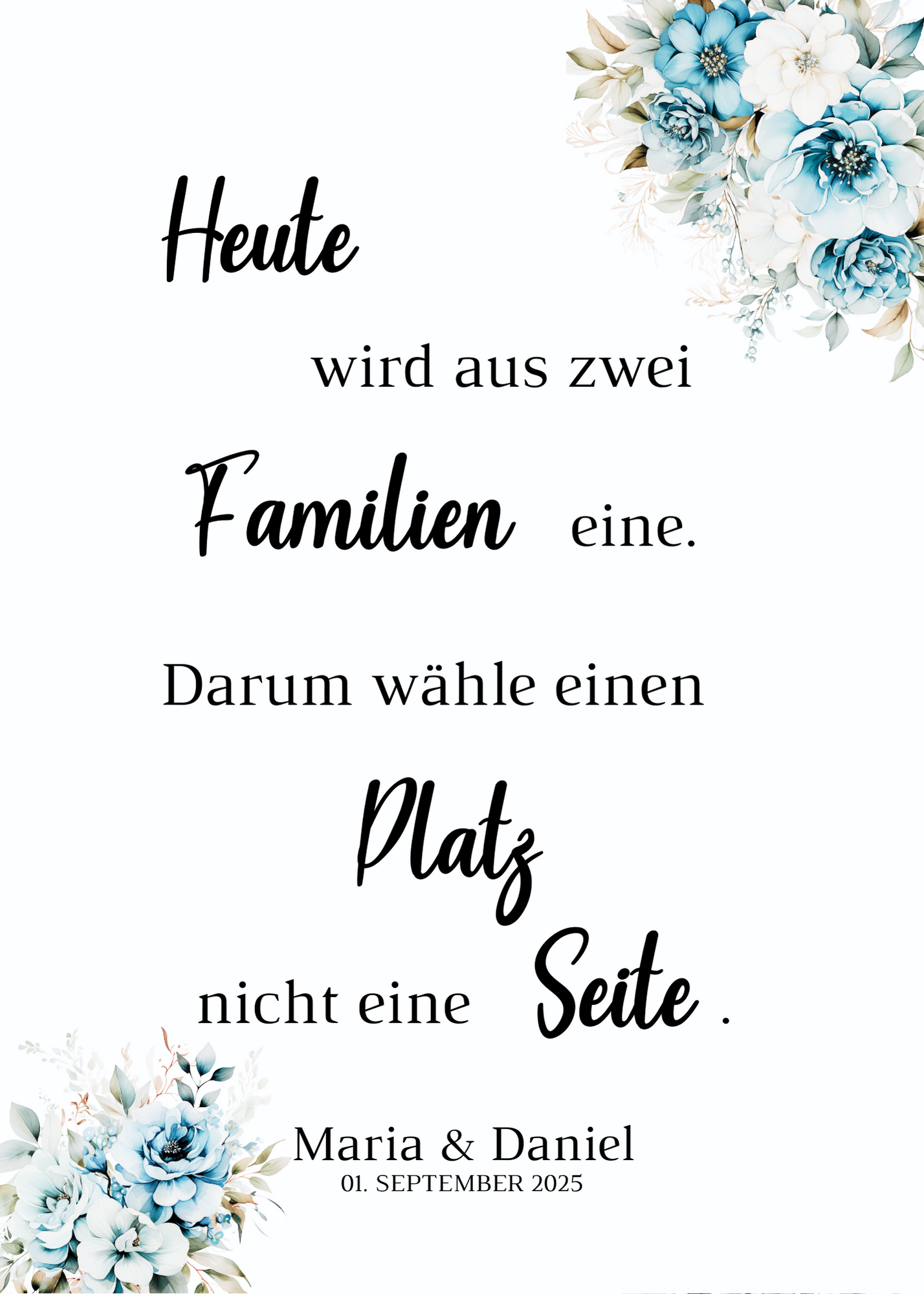 Heute wird aus zwei Familien eine Schild für Hochzeit Leinwand, Poster. Strand Hochzeit , Marine , Blaue Blumen ALICE