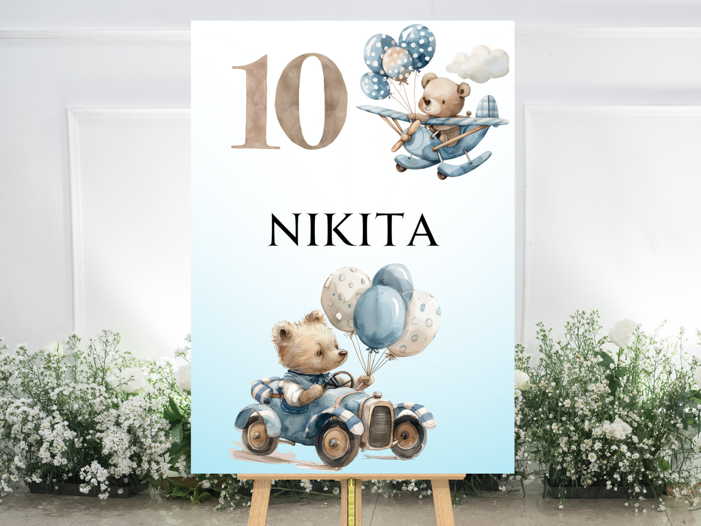 Willkommensschild zum 1. Geburtstag Kindergeburtstag Personalisiertes Teddybär Auto