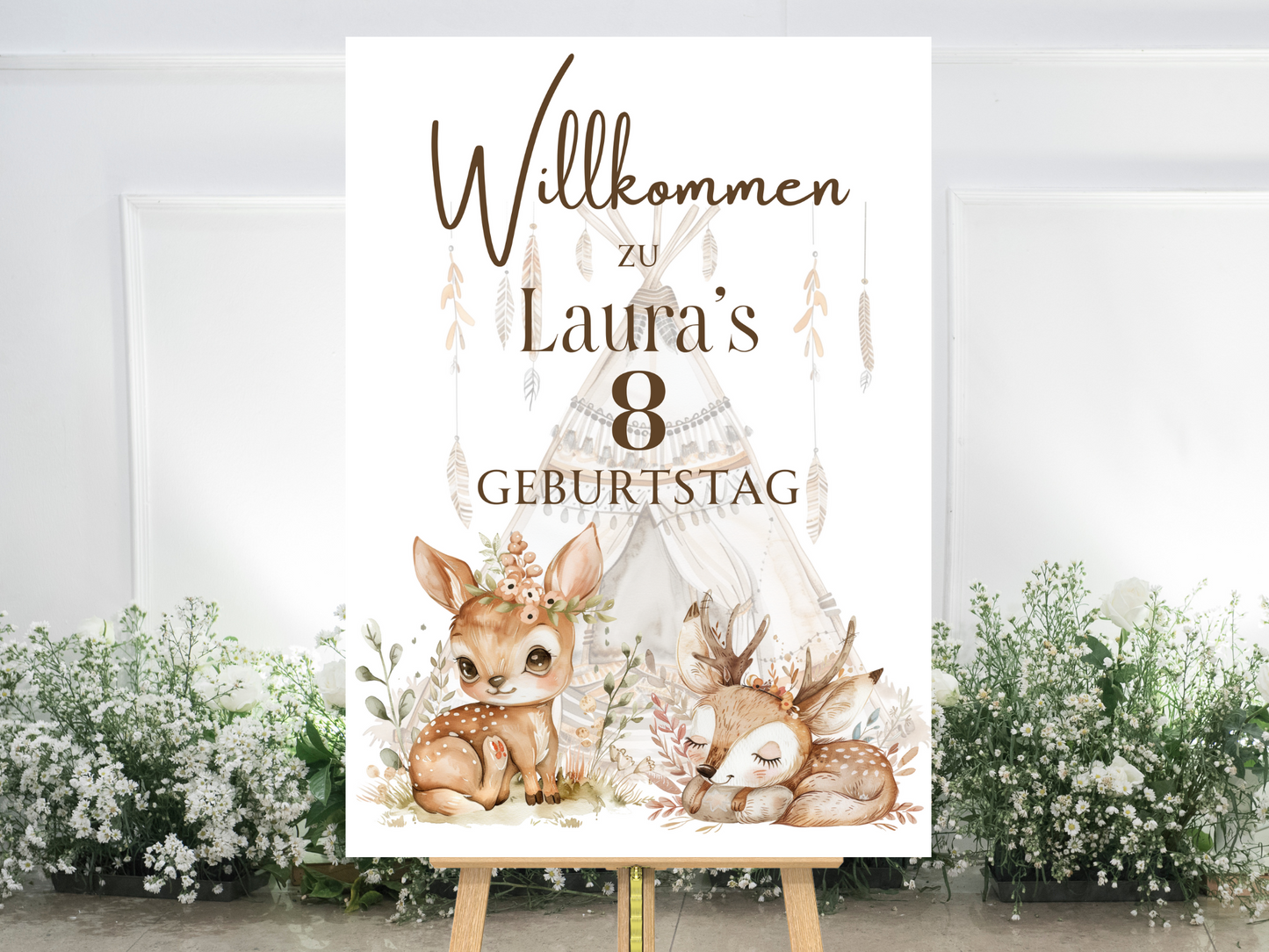 Willkommensschild zum 1. Geburtstag Kindergeburtstag Personalisiertes Boho Waldtiere