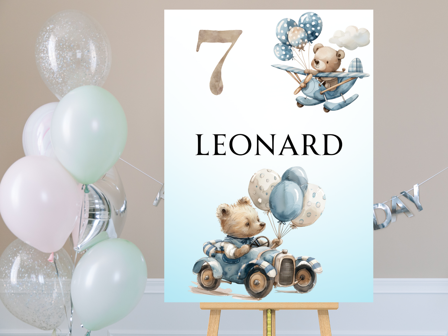 Willkommensschild zum 1. Geburtstag Kindergeburtstag Personalisiertes Teddybär Auto