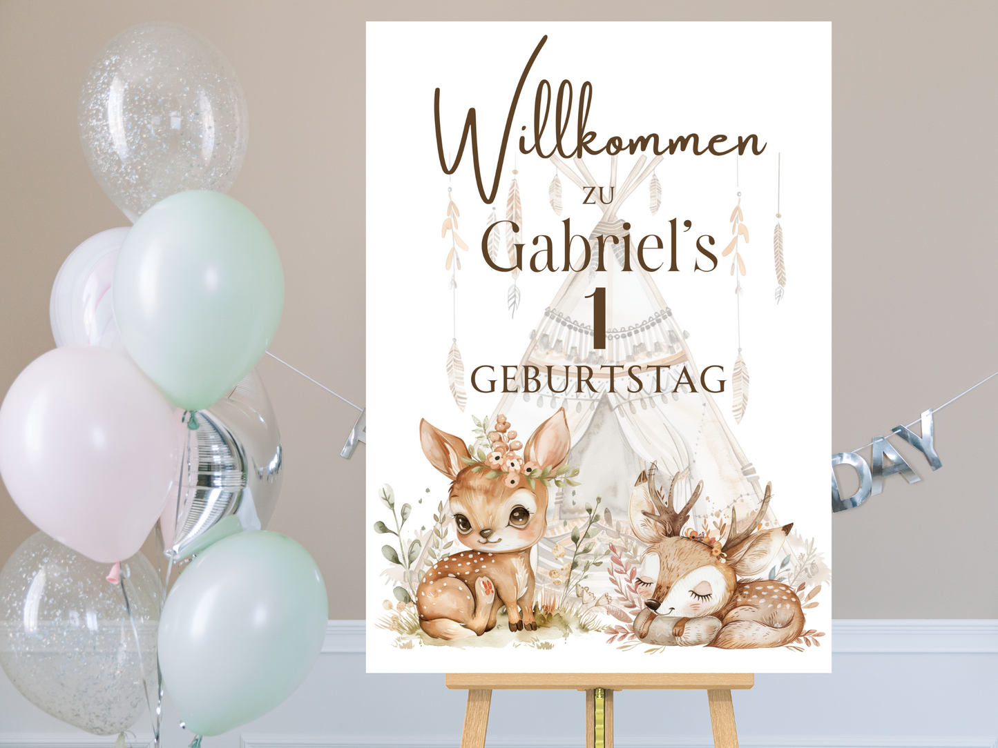 Willkommensschild zum 1. Geburtstag Kindergeburtstag Personalisiertes Boho Waldtiere