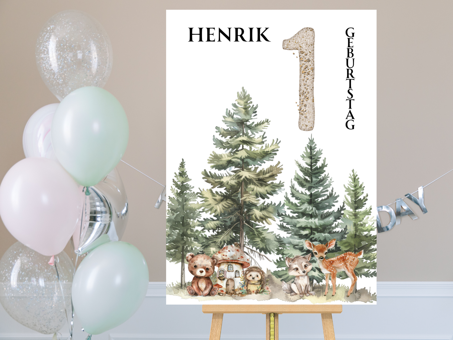 Willkommensschild zum 1. Geburtstag Kindergeburtstag Personalisiertes Waldtiere
