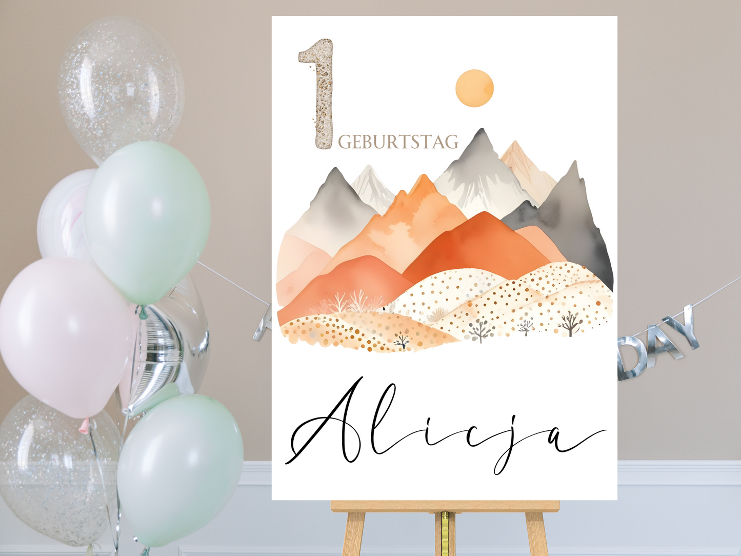 Willkommensschild zum 1. Geburtstag Kindergeburtstag Personalisiertes Deutsch Bergen boho