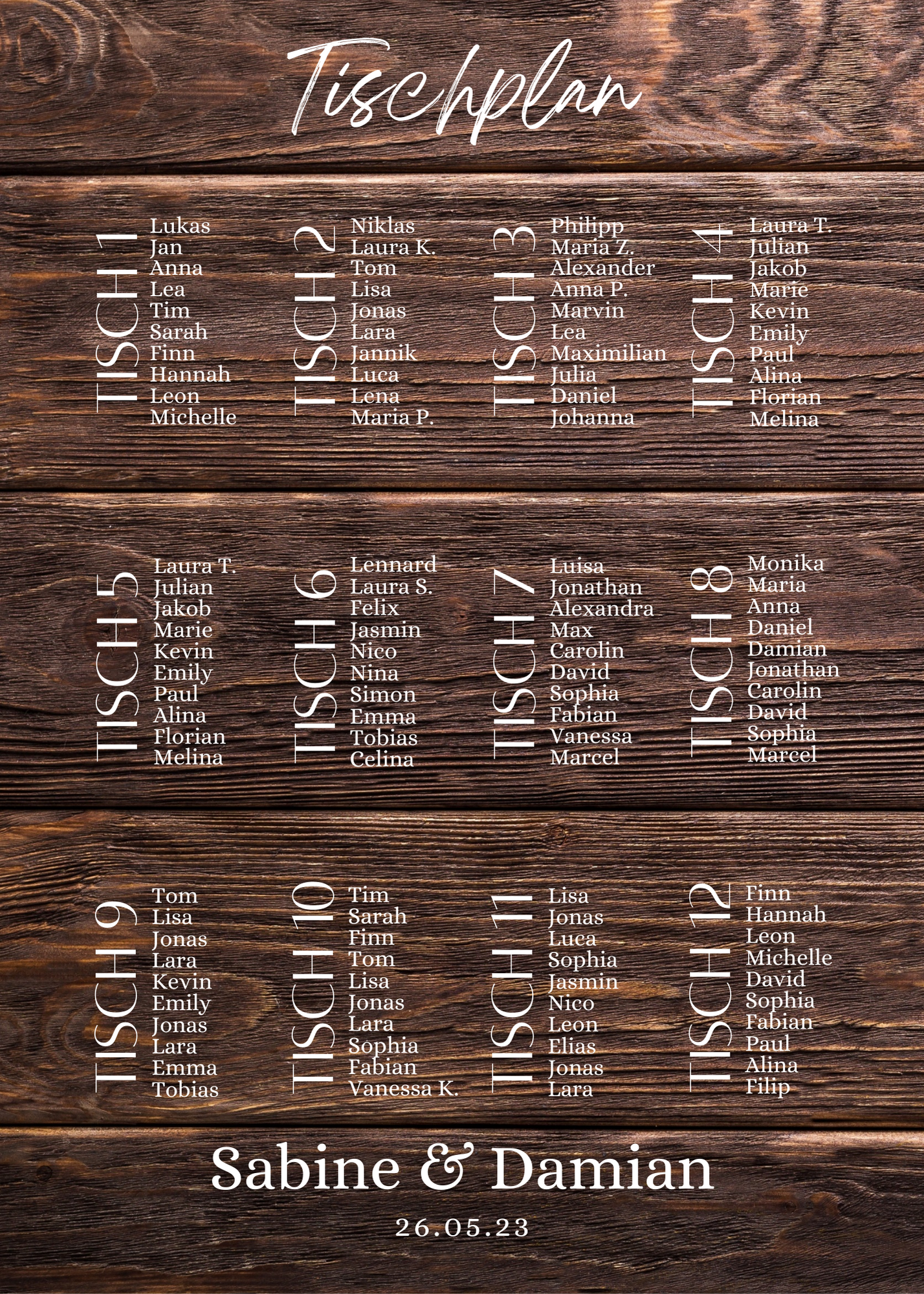 Personalisierter Hochzeits Sitzplan - Leinwand , Poster - Boho , Holzeffekt , Vintage LEONIE
