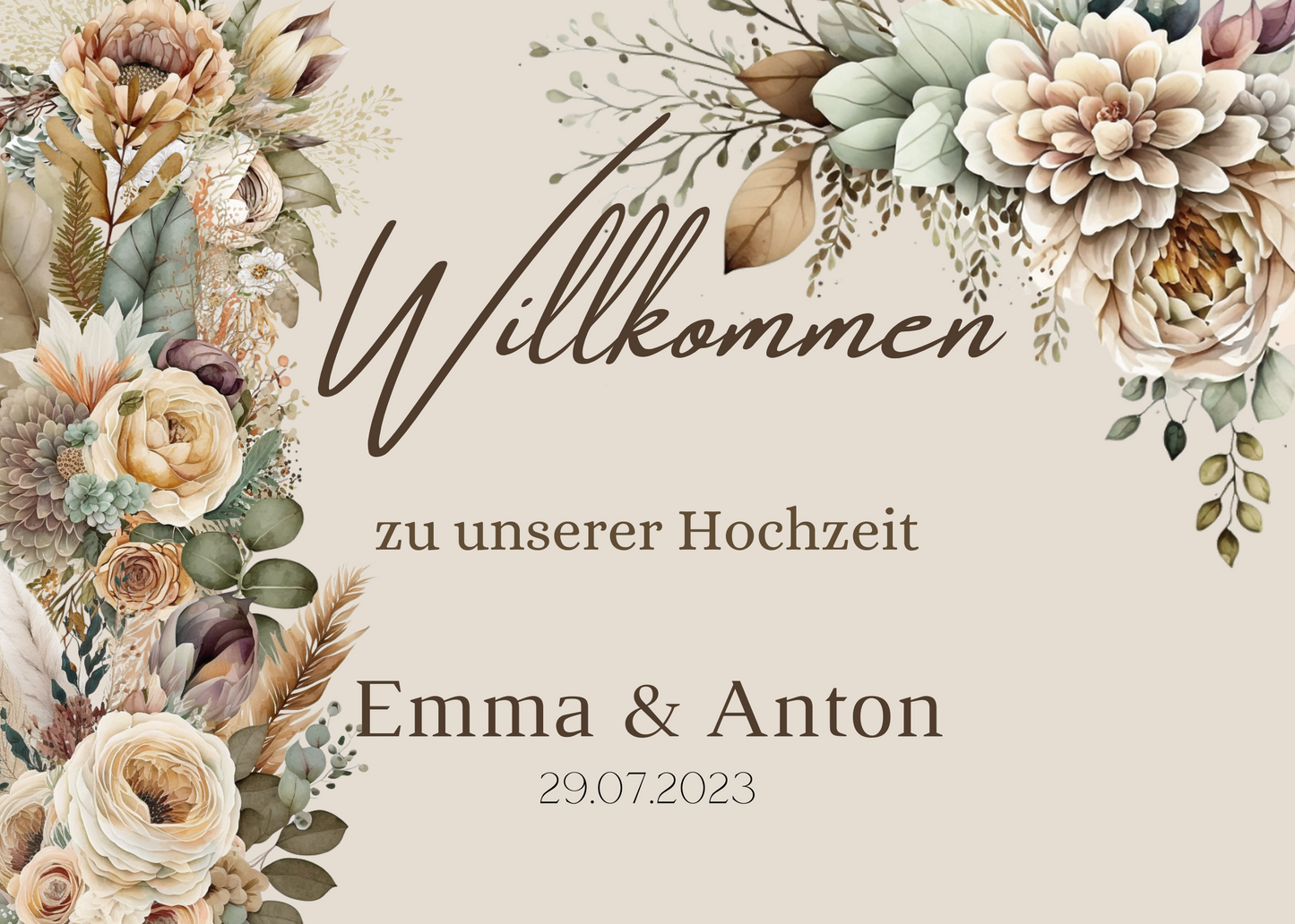 Willkommensschild Hochzeit - Leinwand , Poster - Boho , Beige , Blumen JULIA