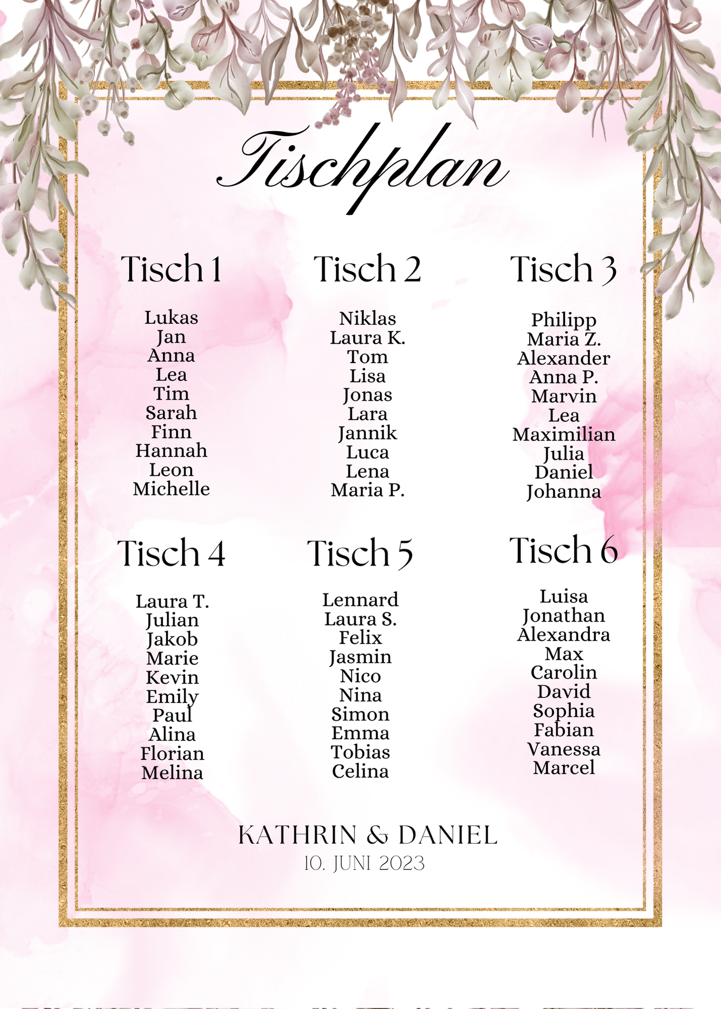 Personalisierter Hochzeits Sitzplan - Leinwand , Poster - Boho , Rosa Blumen MARTA