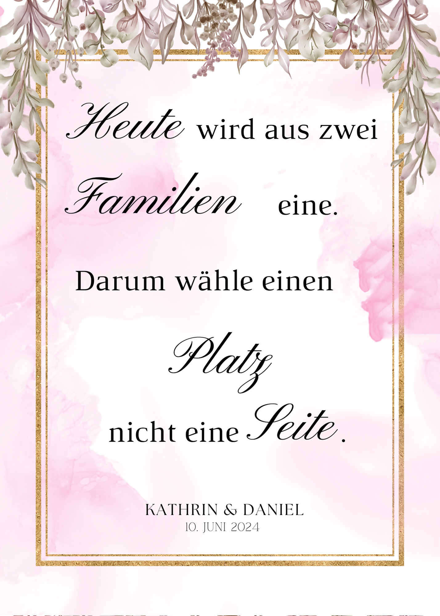 Heute wird aus zwei Familien eine Schild für Hochzeit Leinwand, Poster. Boho , Rosa Blumen MARTA