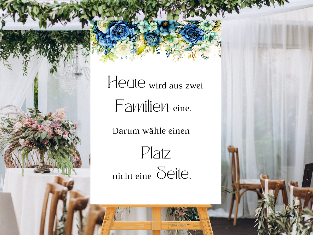 Heute wird aus zwei Familien eine Schild für Hochzeit Leinwand, Poster. Marine , Blaue Blumen JASMIN