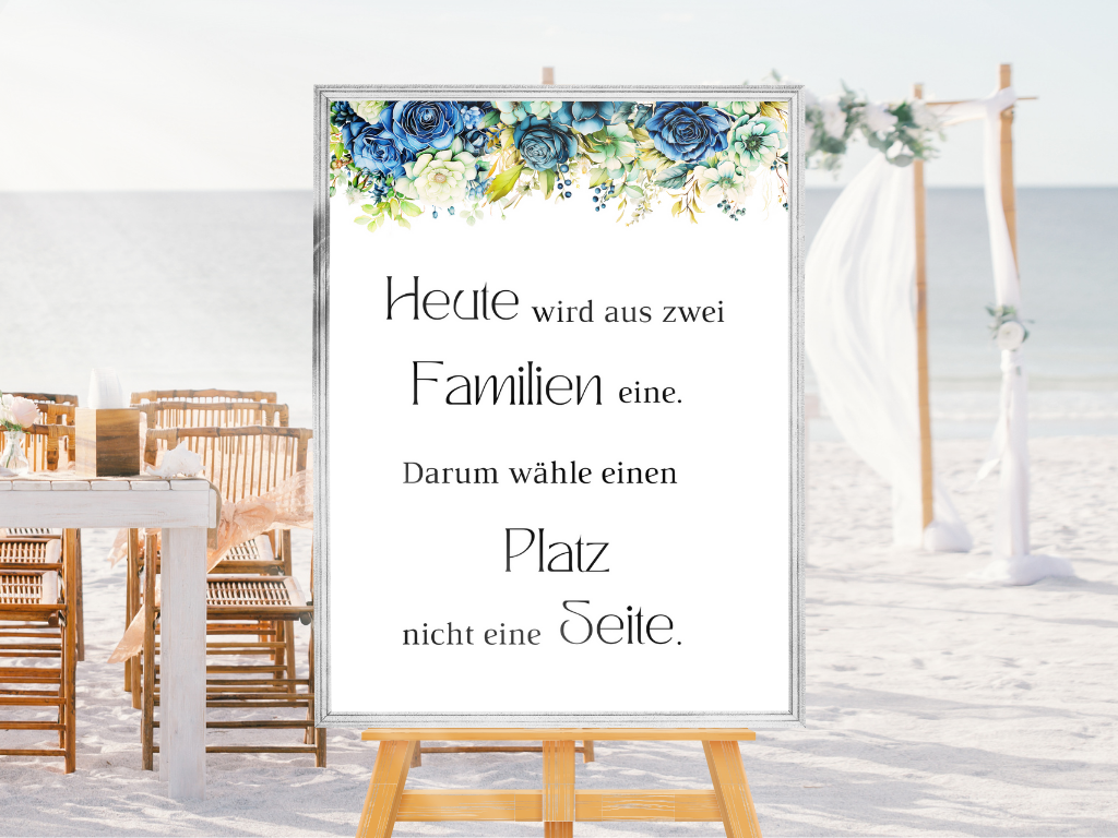 Heute wird aus zwei Familien eine Schild für Hochzeit Leinwand, Poster. Marine , Blaue Blumen JASMIN