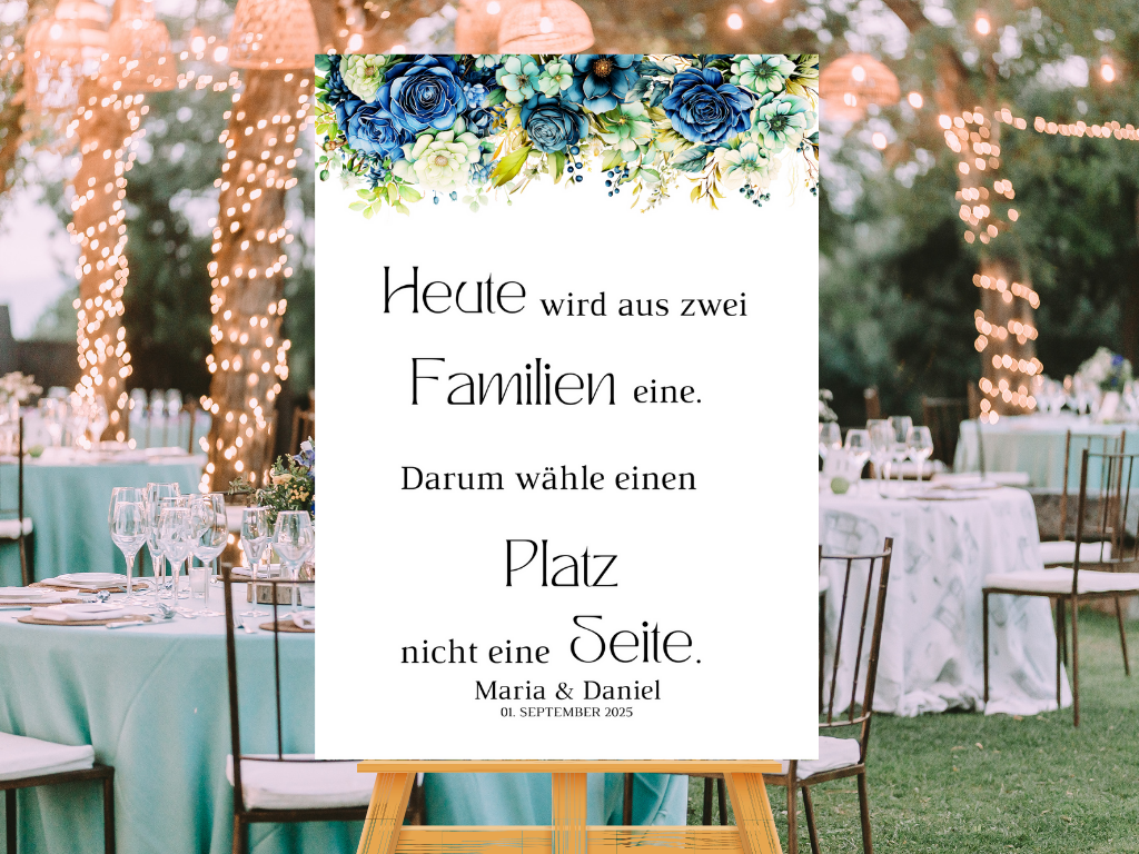 Heute wird aus zwei Familien eine Schild für Hochzeit Leinwand, Poster. Marine , Blaue Blumen JASMIN
